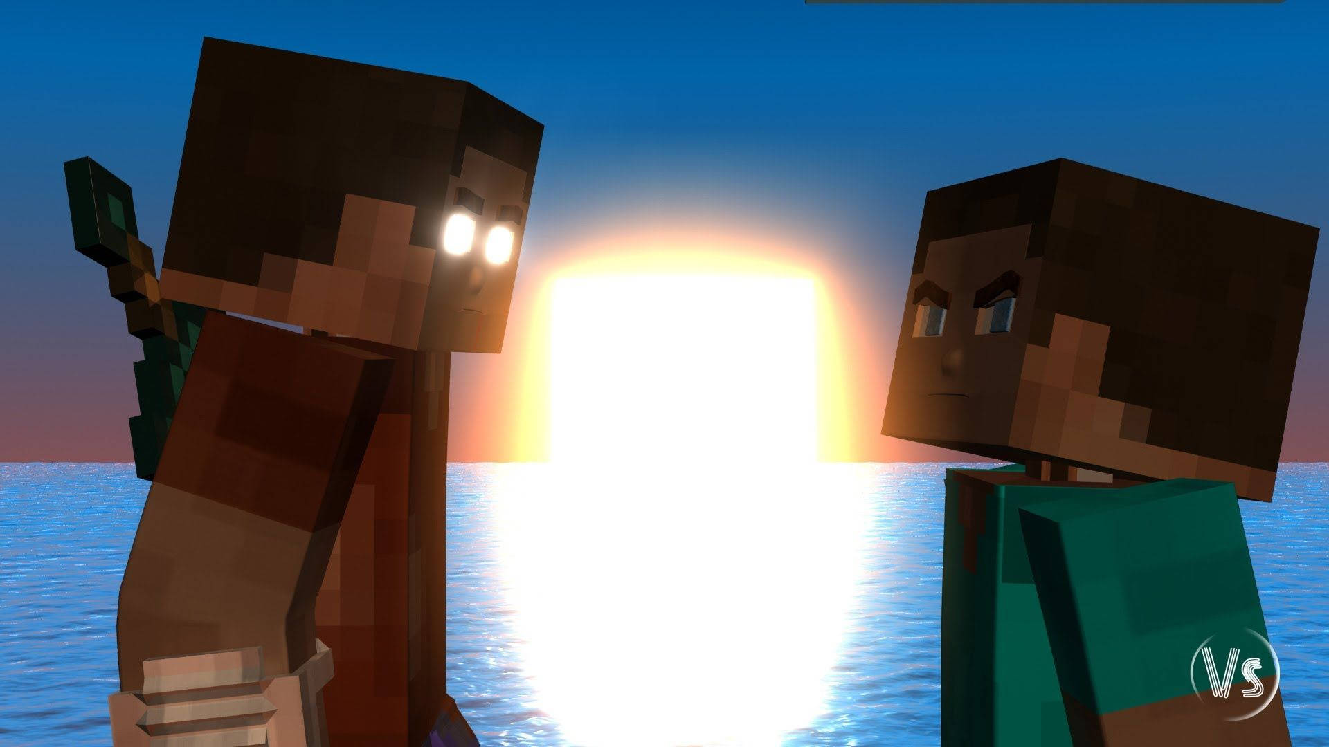 兩個Minecraft角色站在水中，在日落時互相對望。