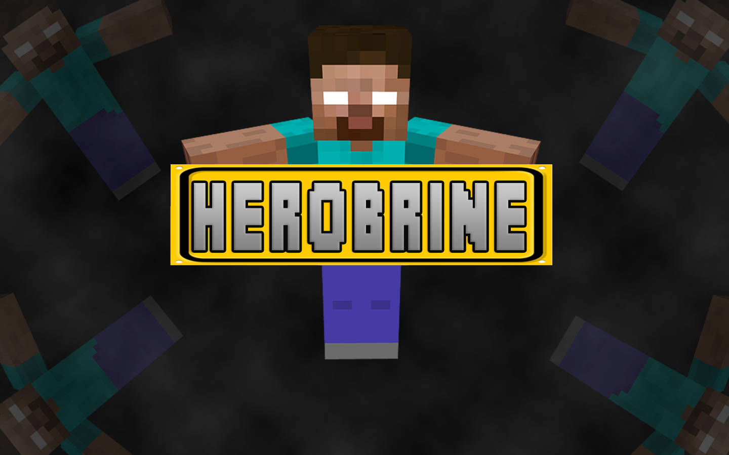 像素化的Herobrine角色，眼睛發光，站在一個寫著Herobrine的黃色標誌後面。