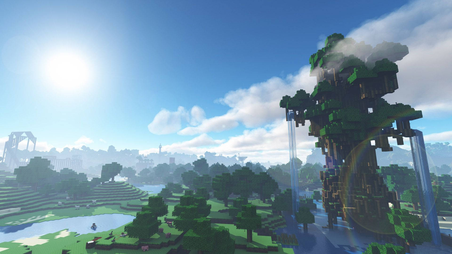 一個Minecraft景觀，有高樹、瀑布同喺明亮太陽下嘅遙遠村莊。