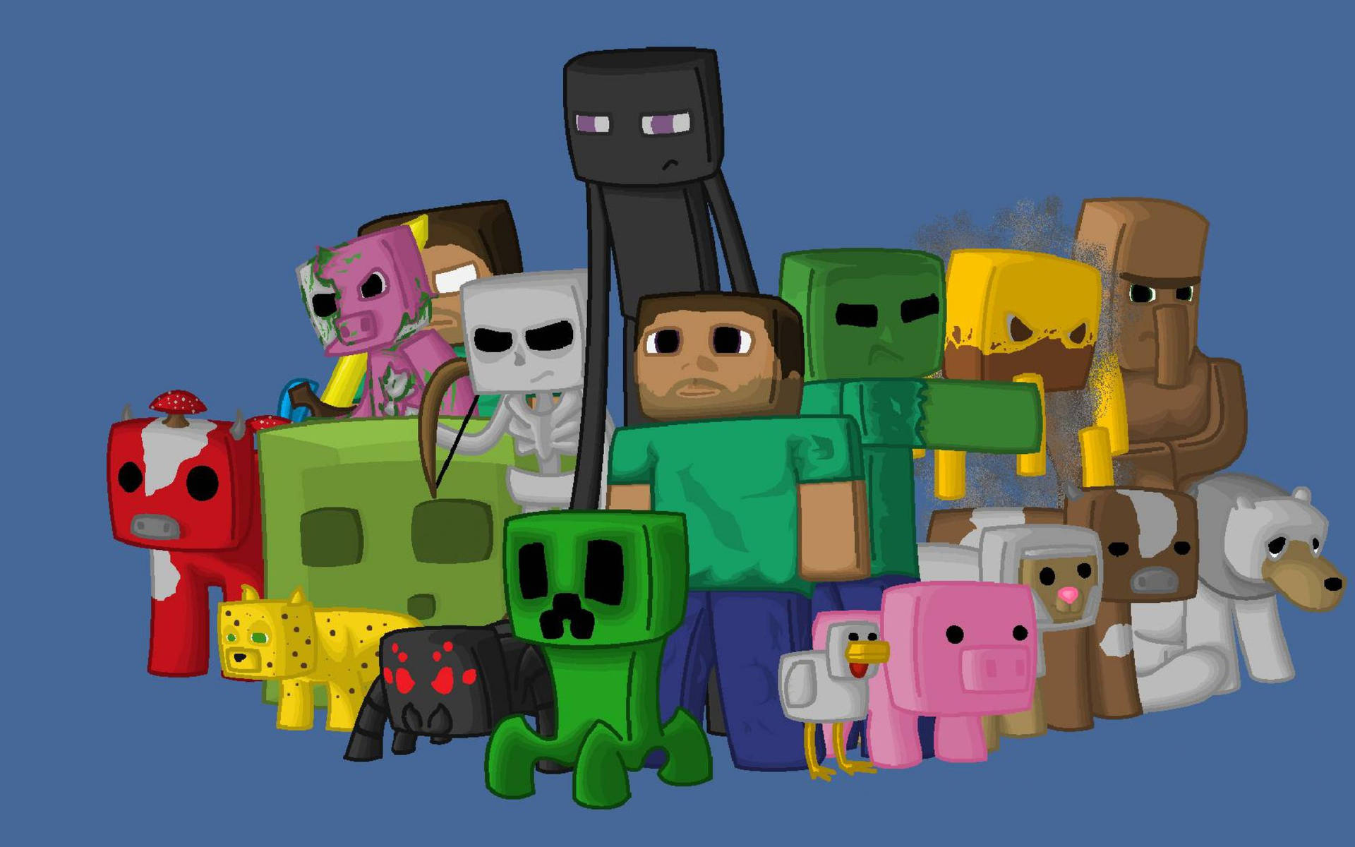 Minecraft角色，包括Steve、Creeper和動物，以方塊風格呈現。