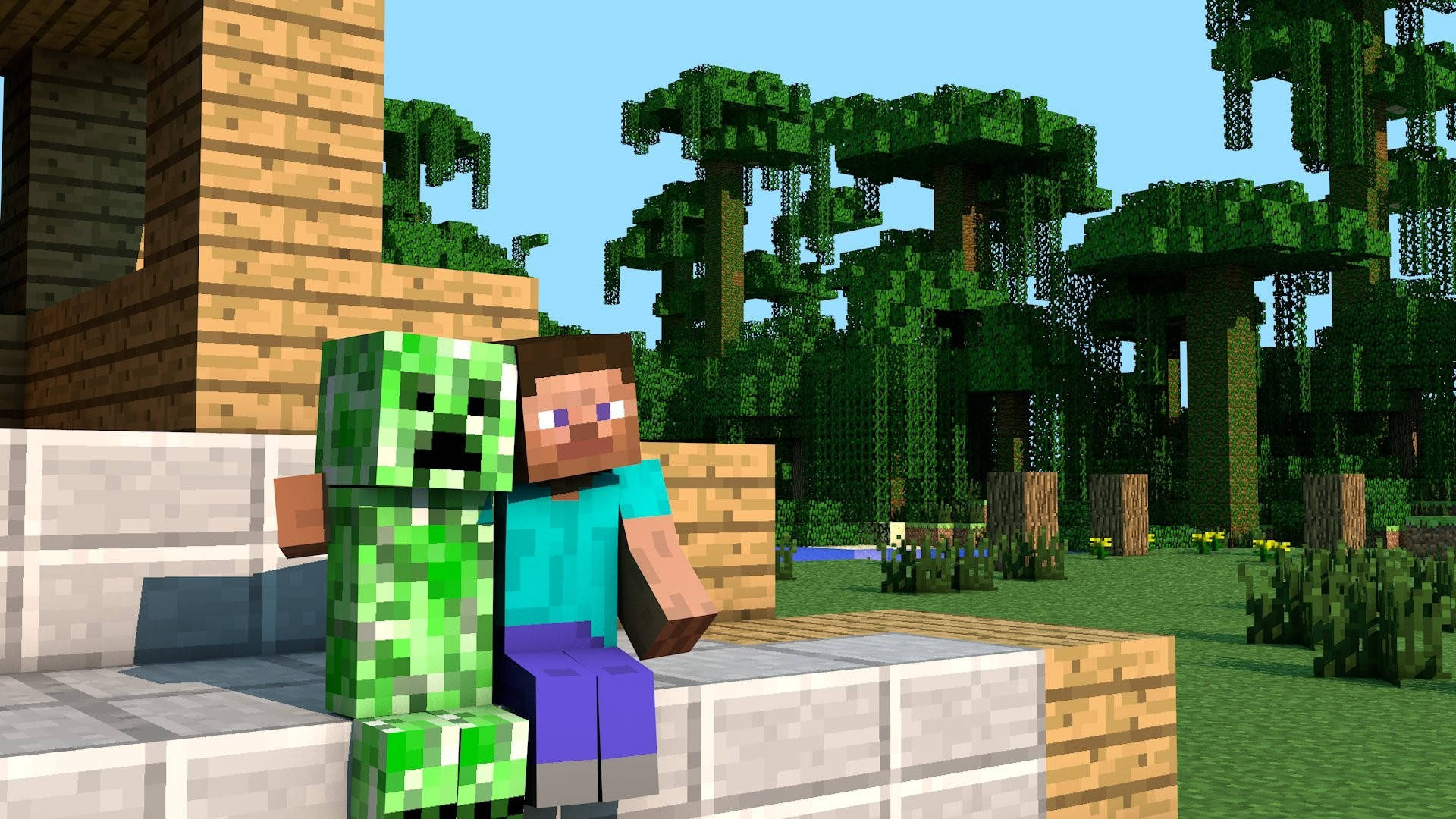 我的世界迷因：史蒂夫與苦力怕 壁紙 — 兩個Minecraft角色喺像素化叢林生物群落嘅石磚上一齊坐，頭頂係晴朗藍天。