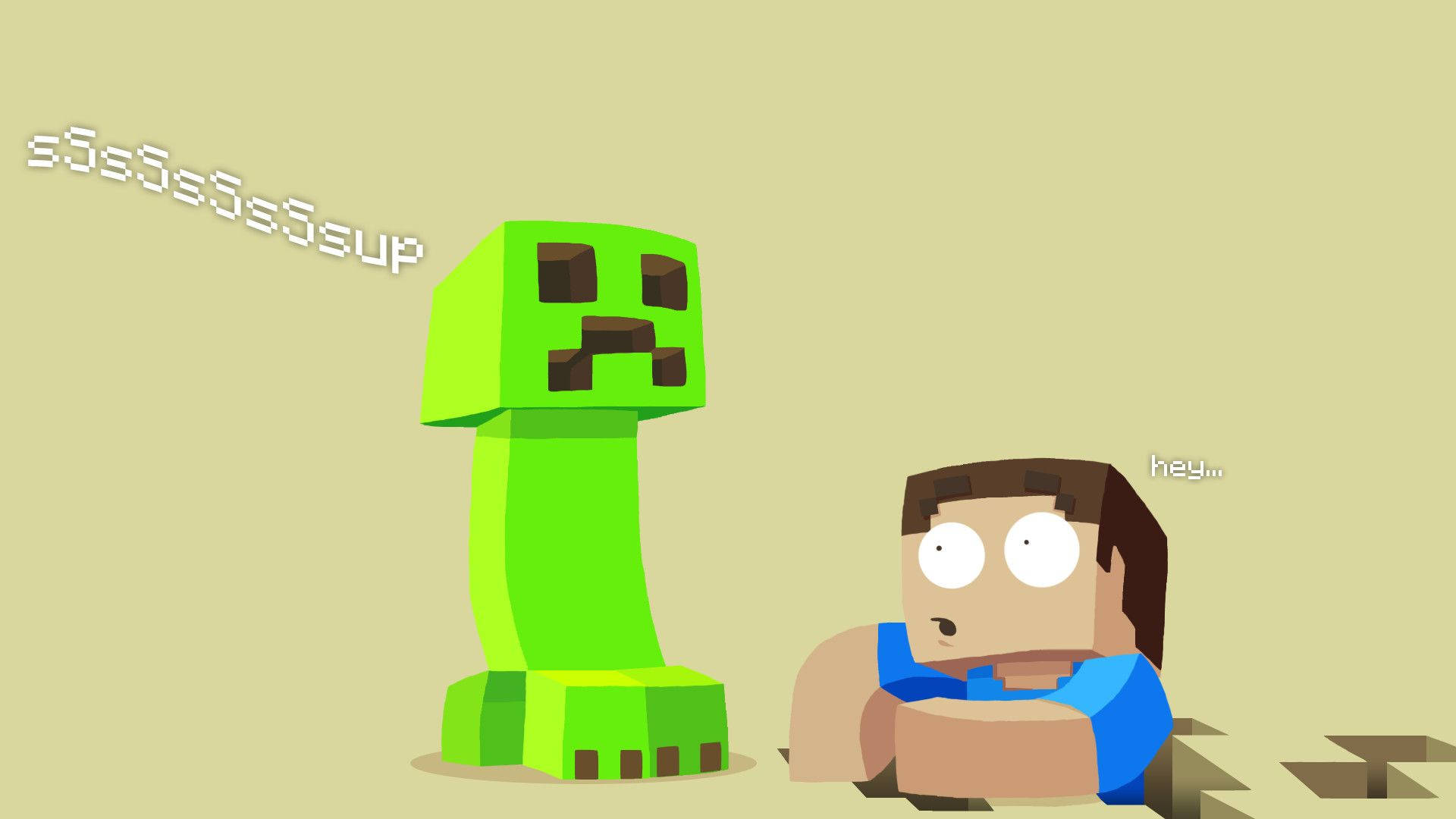 像素藝術風格的Minecraft苦力怕和史提夫，帶有驚訝的表情。