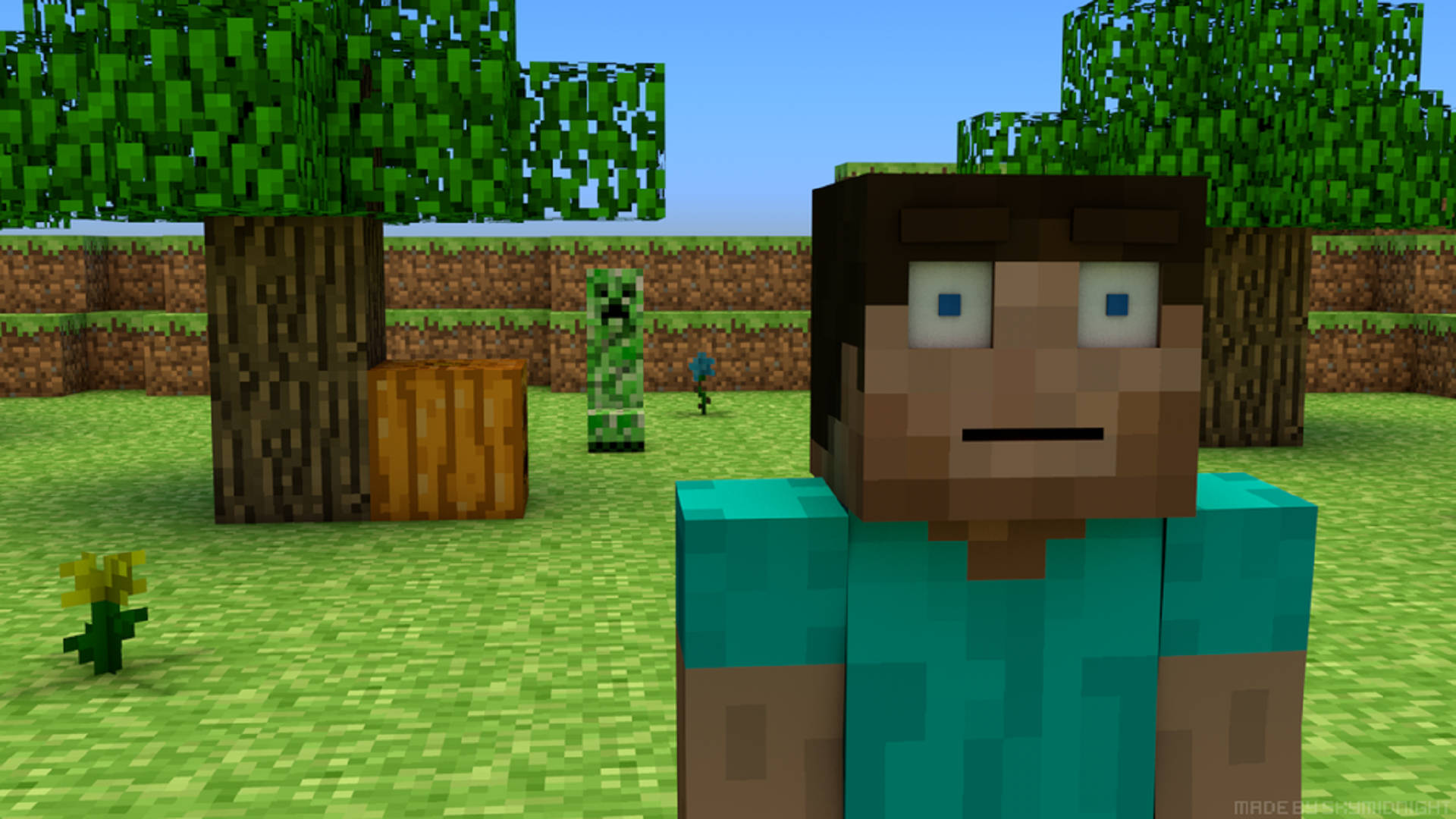 我的世界迷因遊戲 壁紙 — 一個像素化的Minecraft角色站在草地上，背景有樹木和苦力怕。