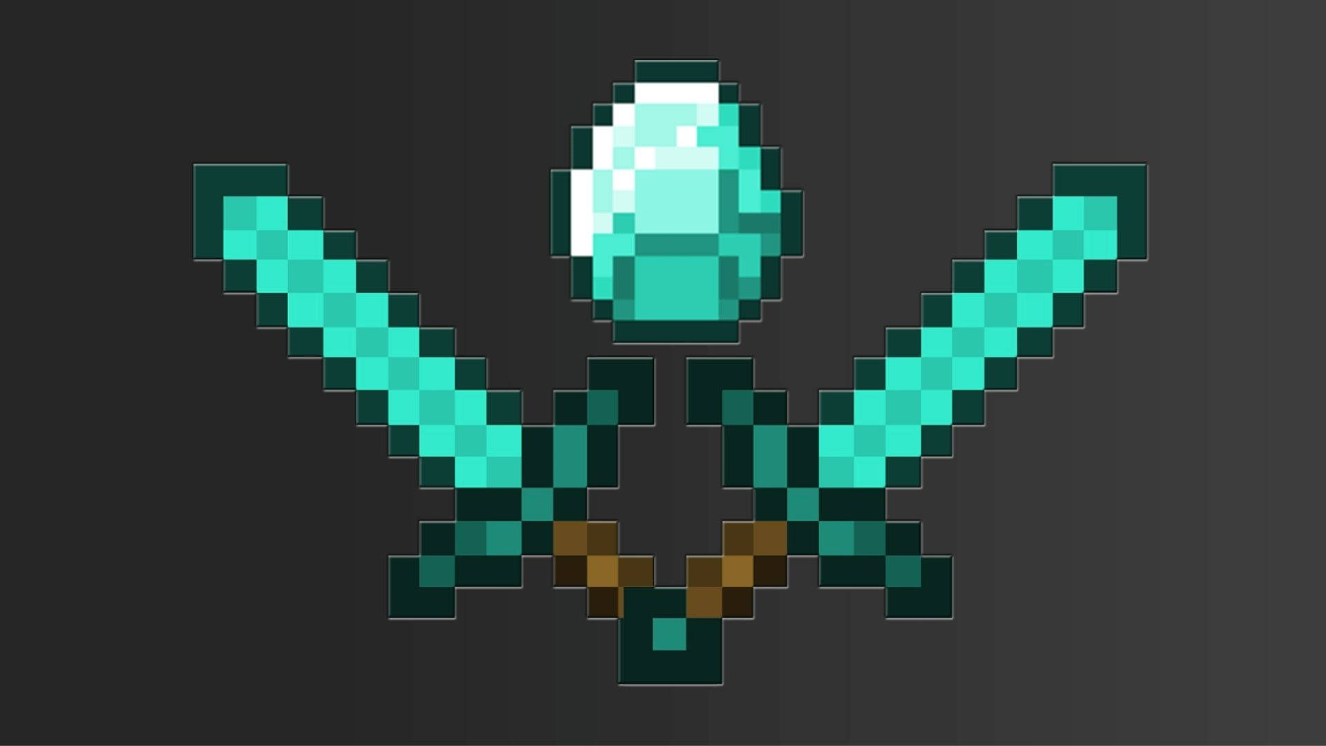 我的世界鑽石劍與晶體 壁紙 — 像素化Minecraft鑽石劍和鑽石方塊在深灰色背景上。
