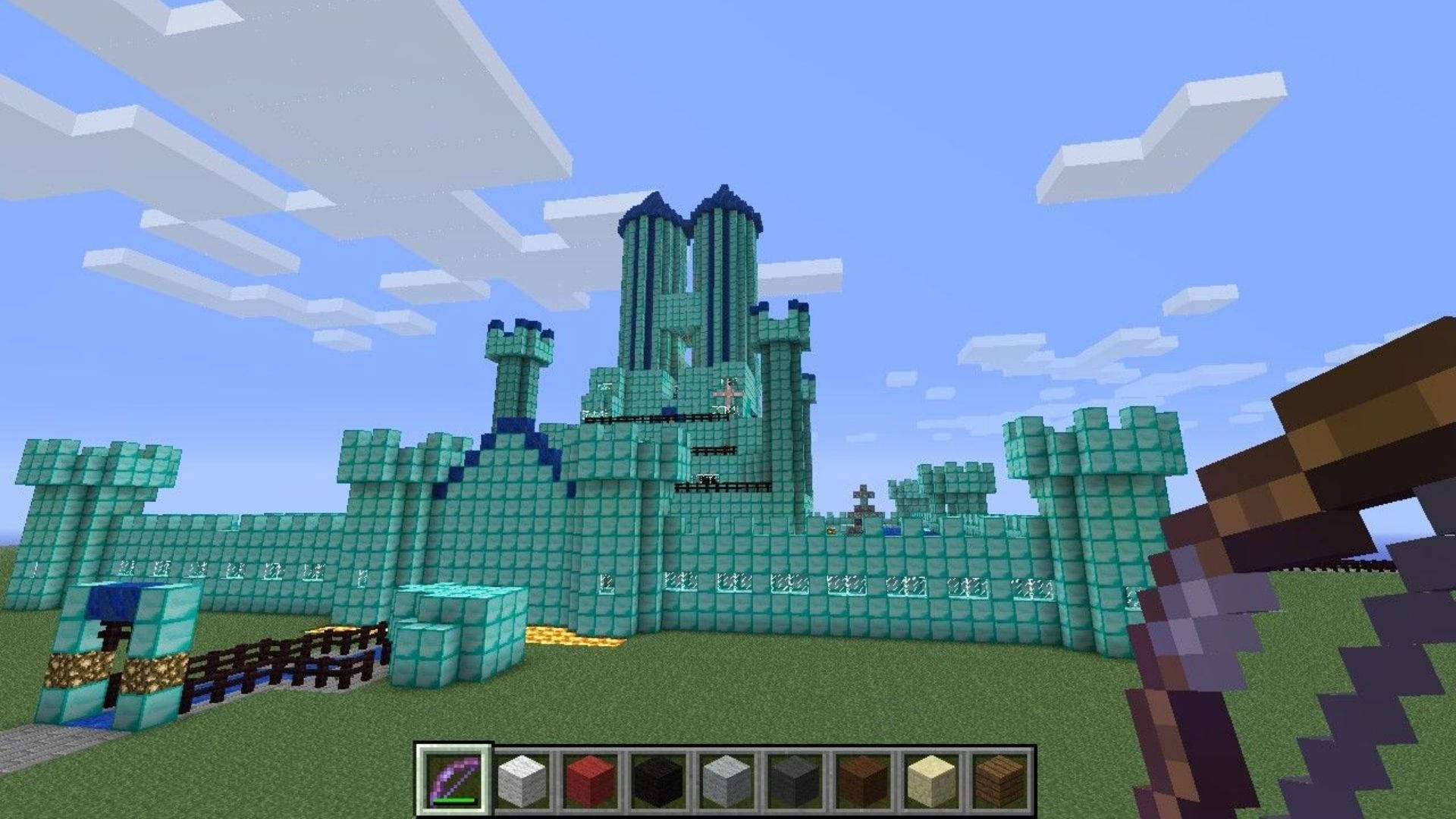 我的世界鑽石城堡 壁紙 — 一座由青綠色方塊組成的像素化Minecraft城堡，矗立在藍天白雲下。