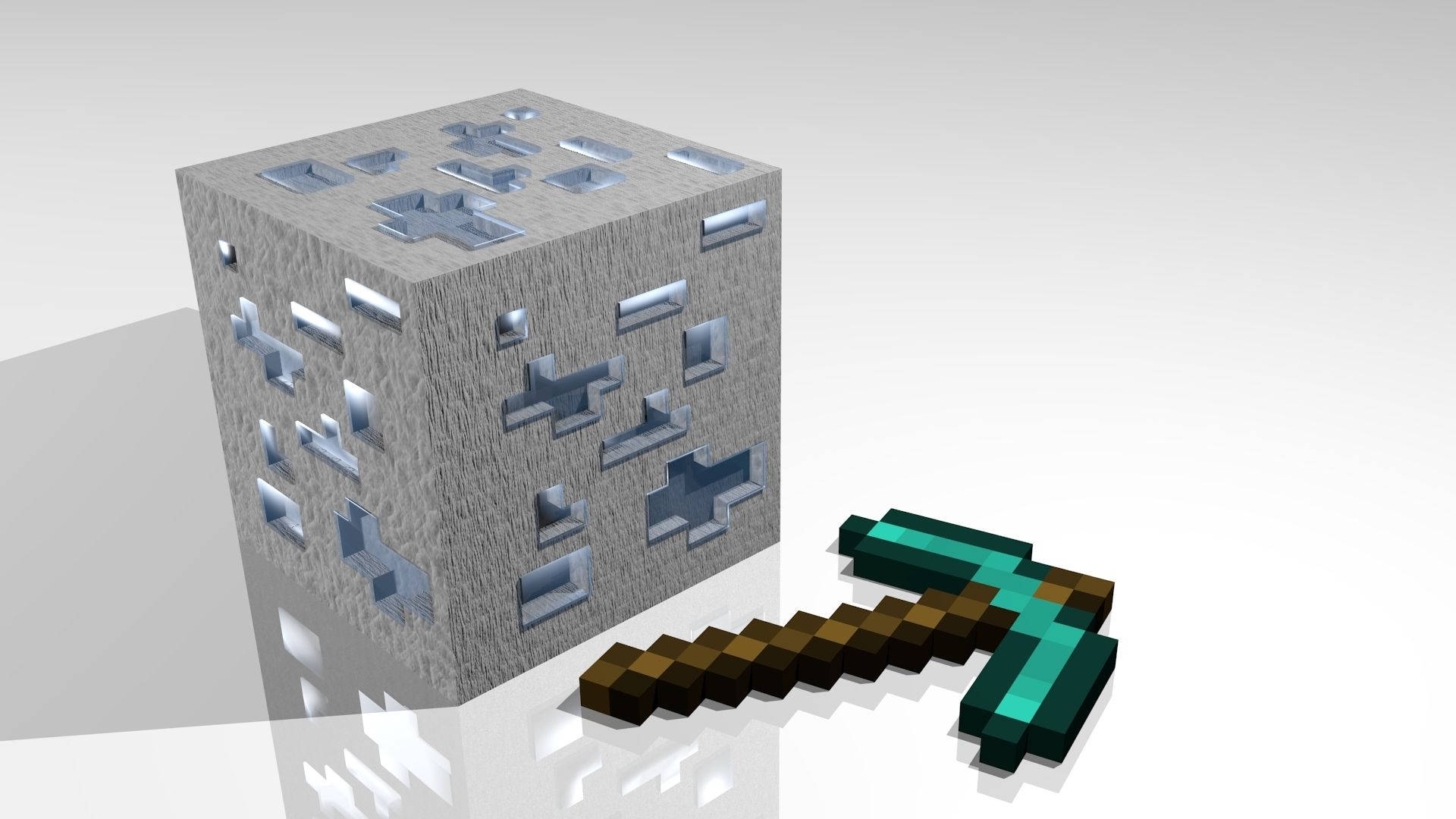 我的世界鑽石斧與礦石 壁紙 — Minecraft 的像素化鑽石方塊和鑽石劍放在帶有柔和陰影的白色反光表面上。