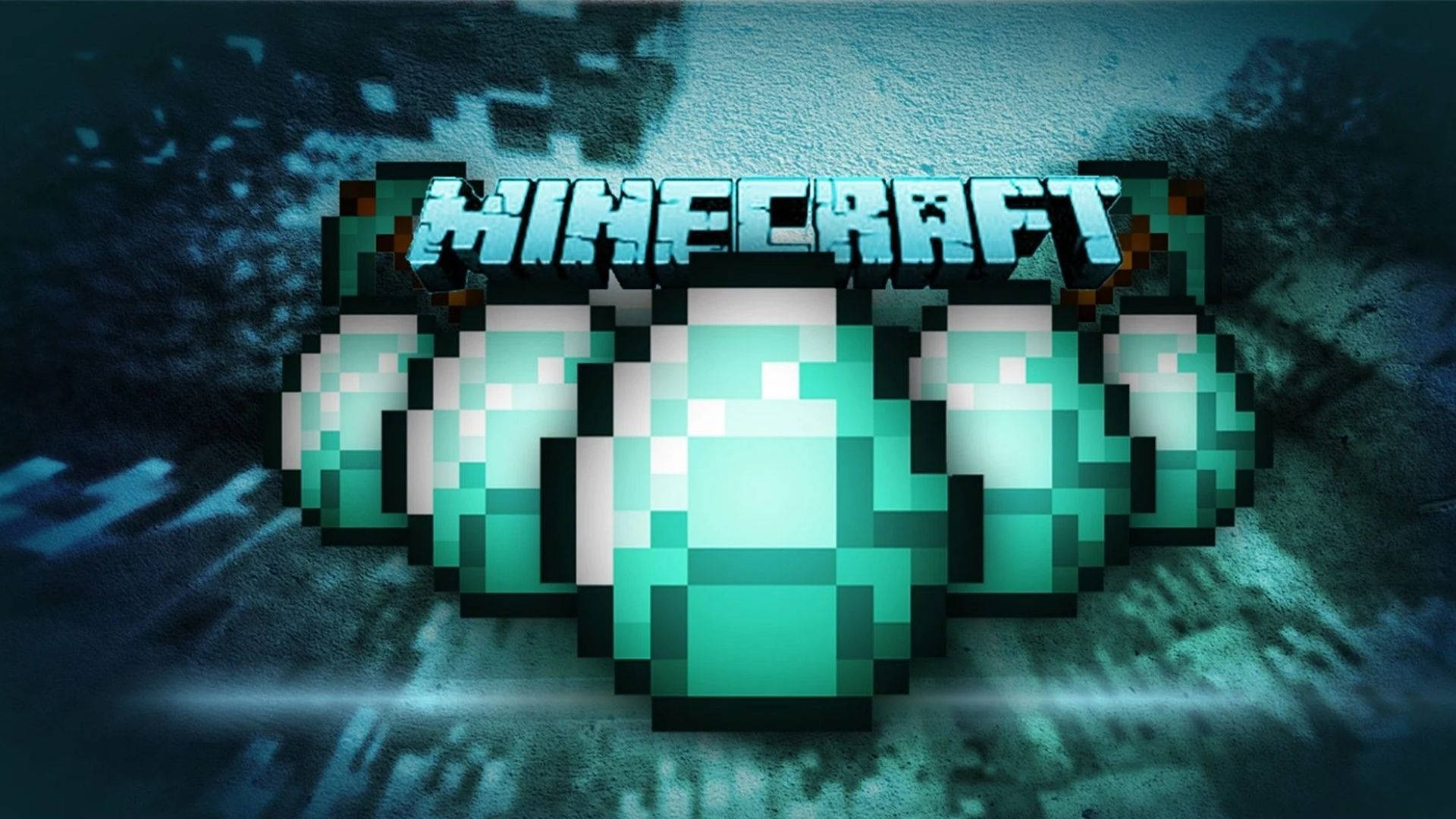 我的世界鑽石晶體 壁紙 — 像素化嘅Minecraft標誌，帶有發光綠色鑽石，襯托喺深色紋理背景上。