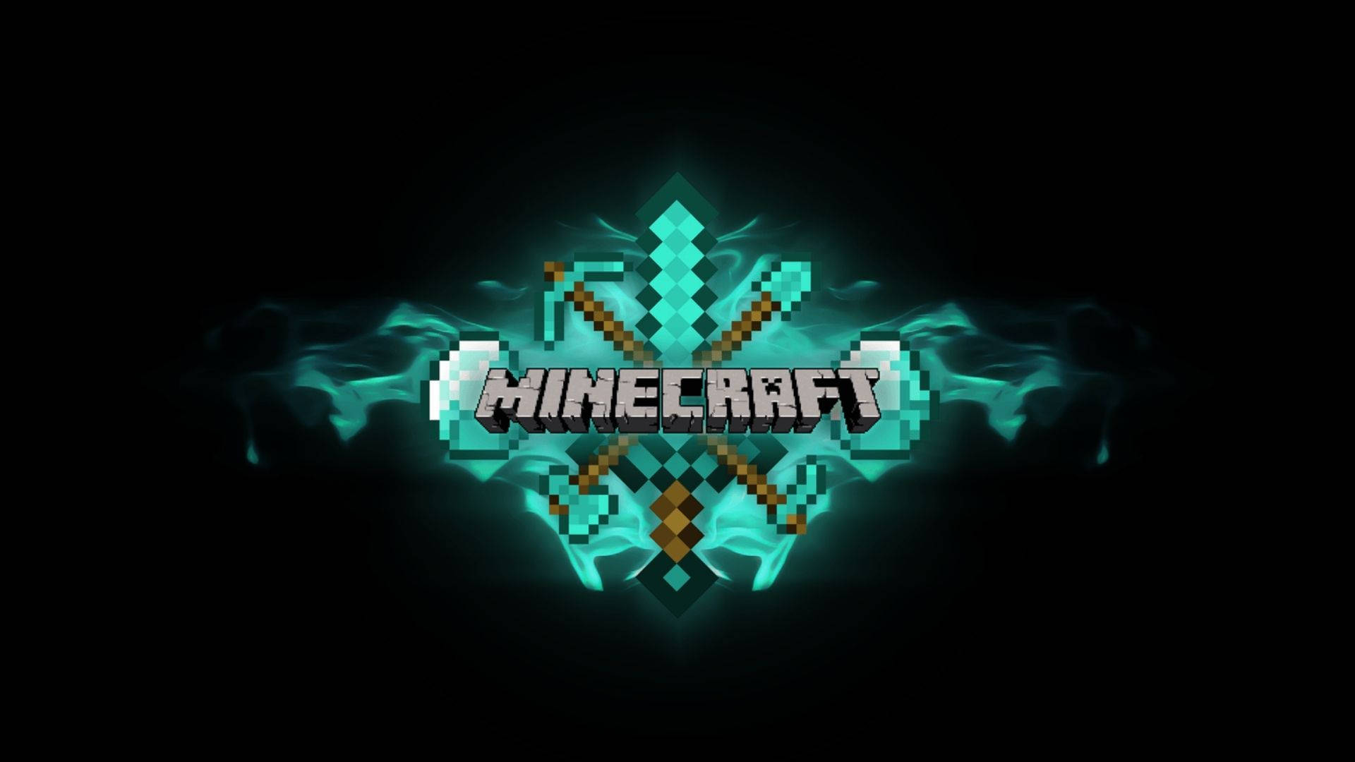 我的世界鑽石武器 壁紙 — Minecraft 標誌在深色背景上發出青綠色像素化工具的光芒。