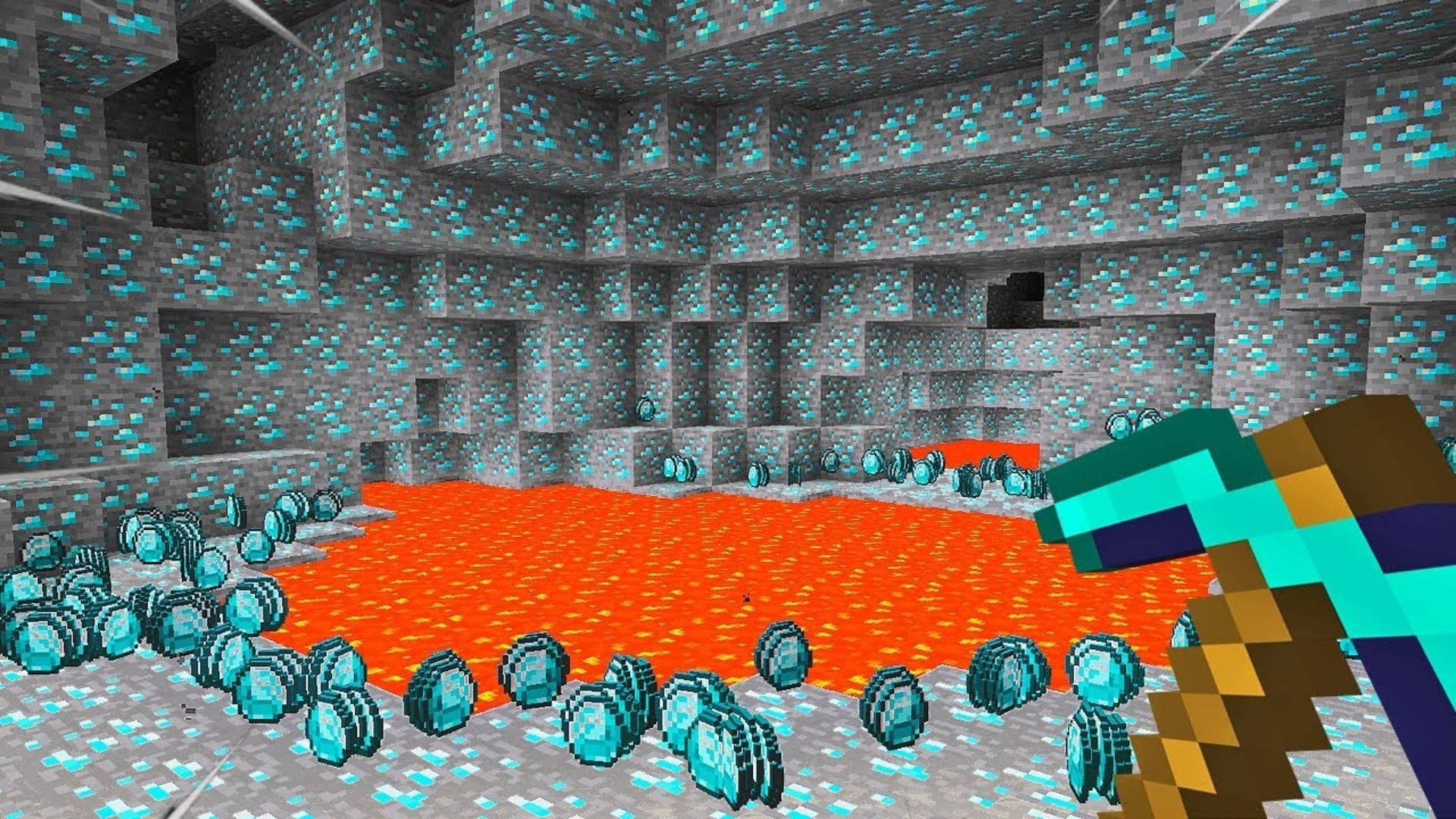 我的世界鑽石與熔岩 壁紙 — 一名Minecraft玩家喺一個充滿發光藍色礦石同熔岩池嘅廣闊地下洞穴入面揸住一把鑽石鎬。