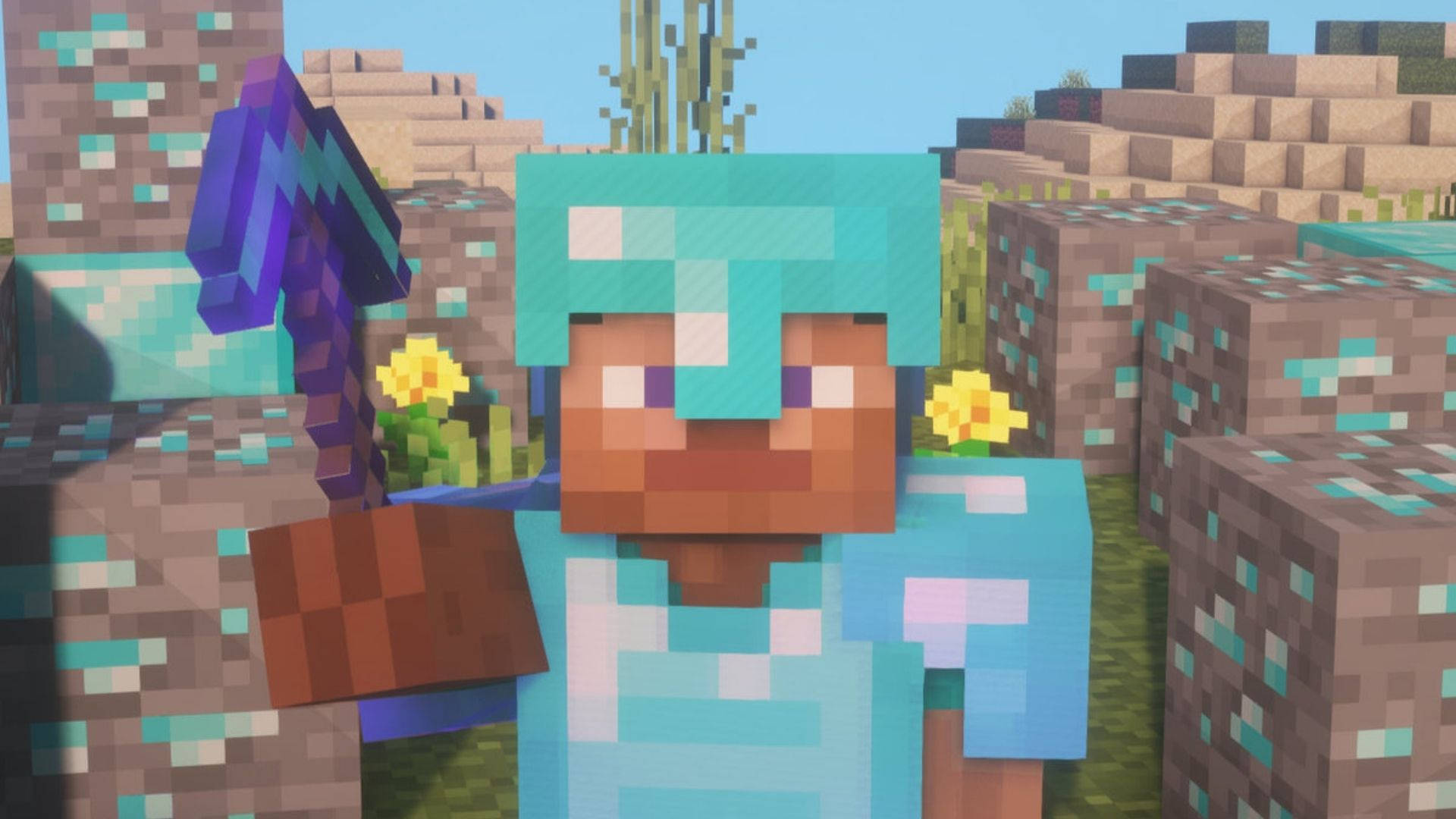 我的世界鑽石裝甲 壁紙 — 一個像素化的Minecraft玩家穿著鑽石盔甲，在一個有仙人掌和花朵的沙漠生物群落中拿著鑽石鎬。