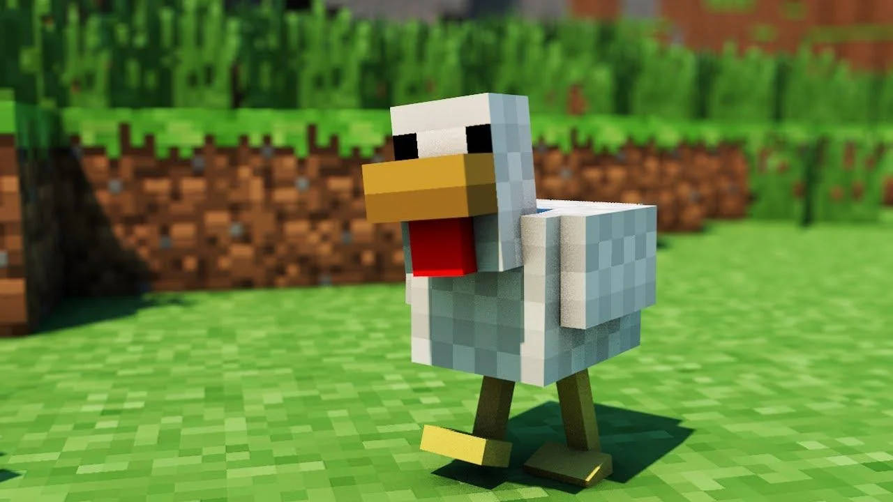 一隻像素化的Minecraft雞站在草地上，背景是方塊風格。