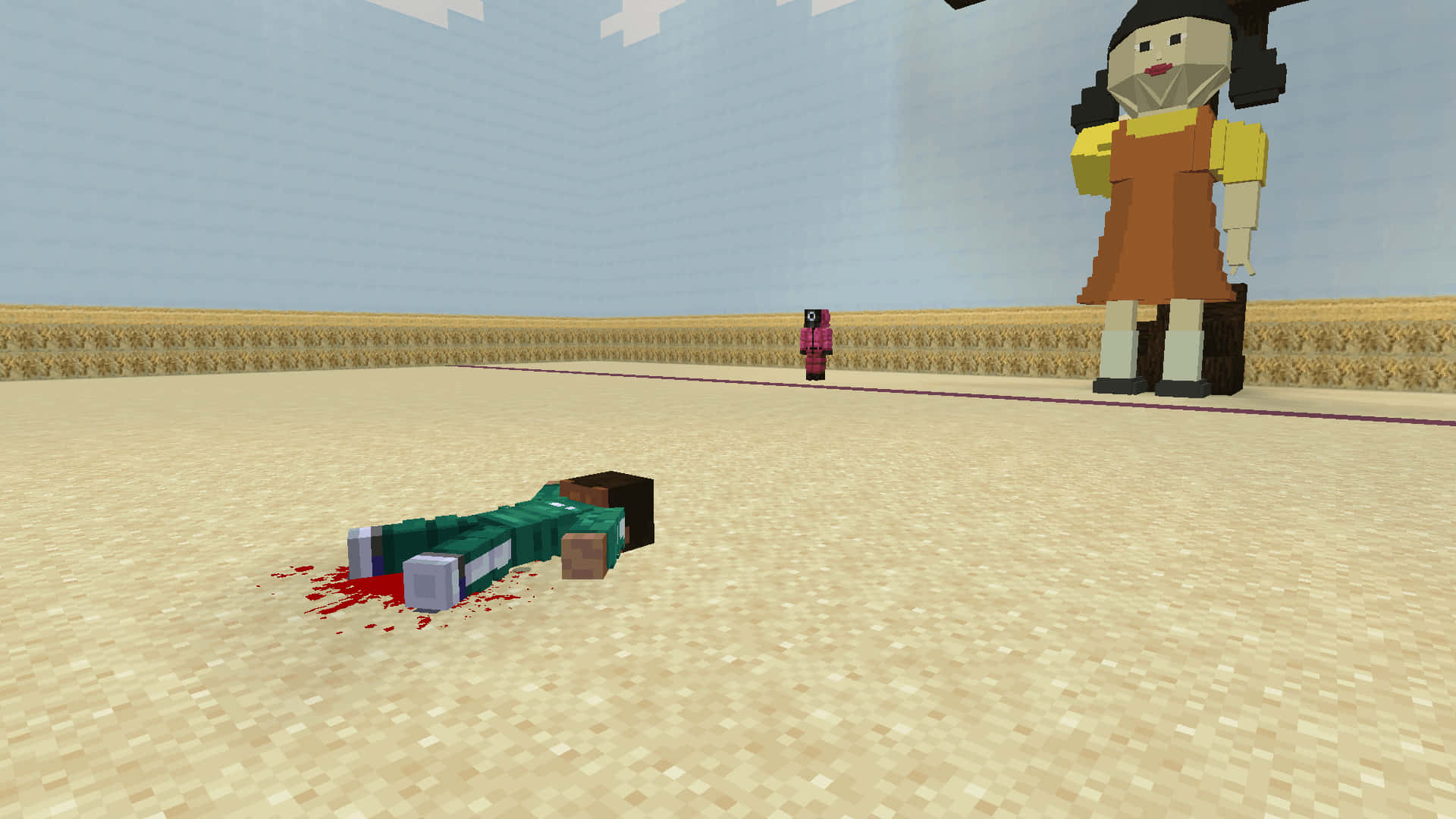 一個像素化的Minecraft角色死在沙地上，血跡靠近一個站立的娃娃人物。