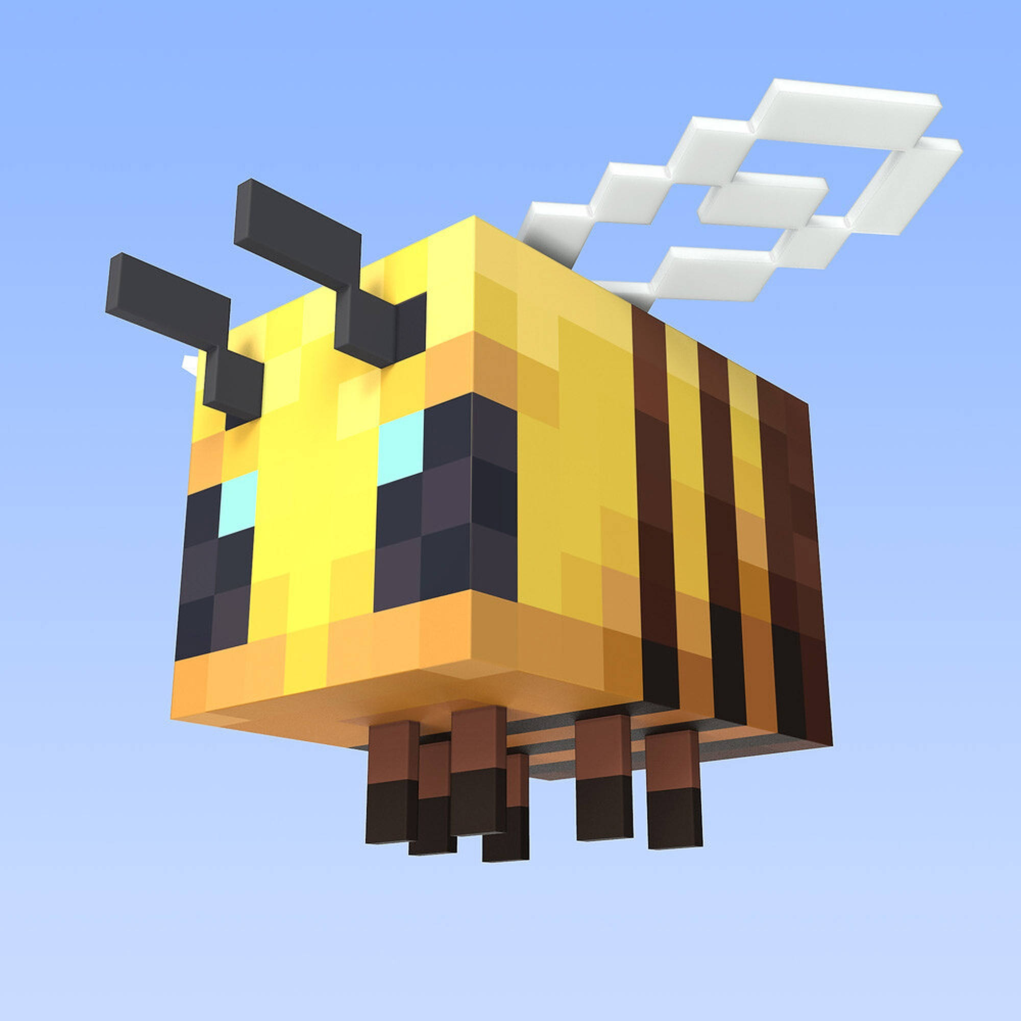 我的世界飄浮蜜蜂 壁紙 — 一隻像素化嘅蜜蜂，黃黑間條，喺Minecraft風格嘅晴朗藍天中飛翔。