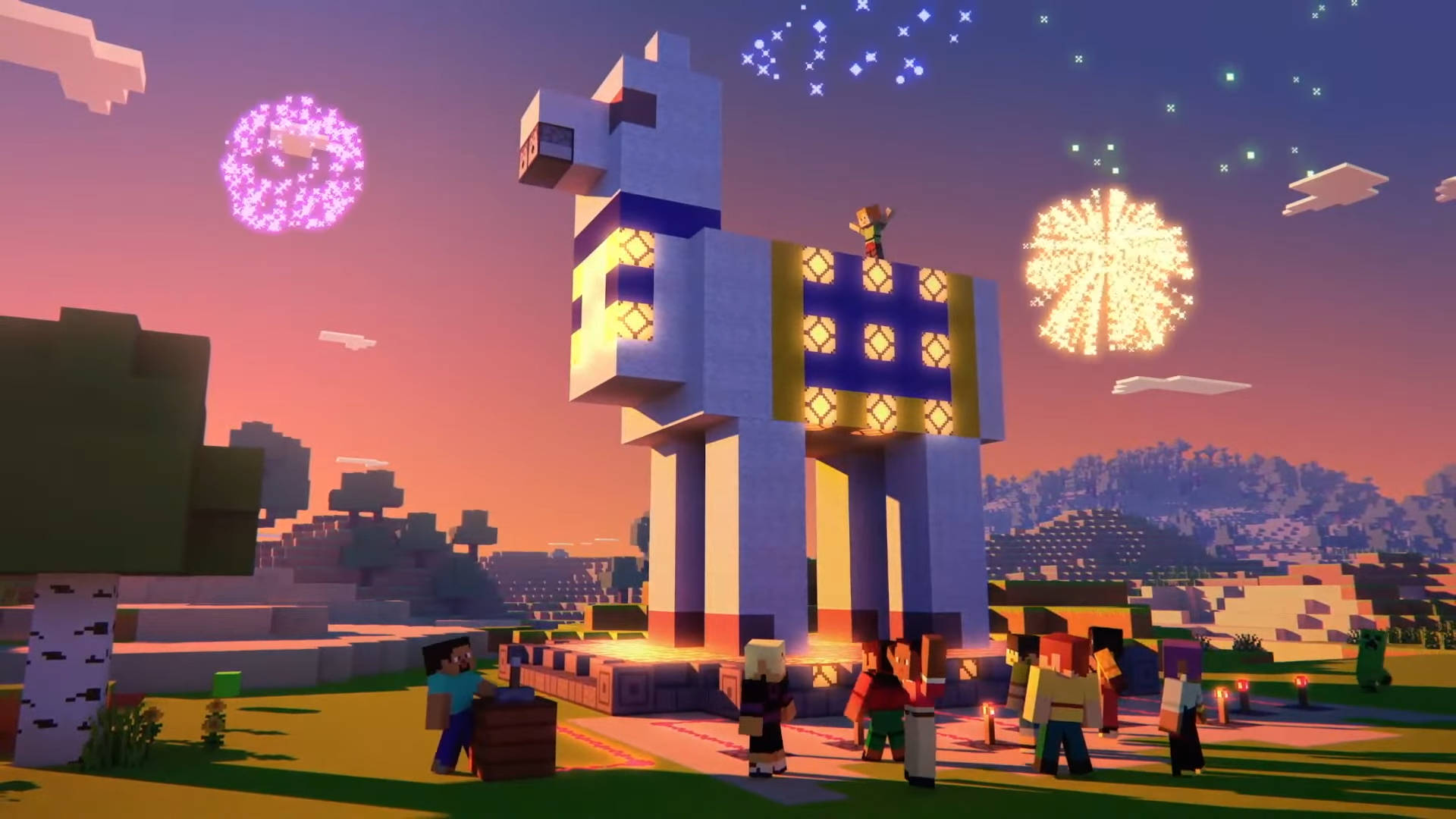 Minecraft角色在日落時分於一座巨大的像素馬雕像附近慶祝煙花。
