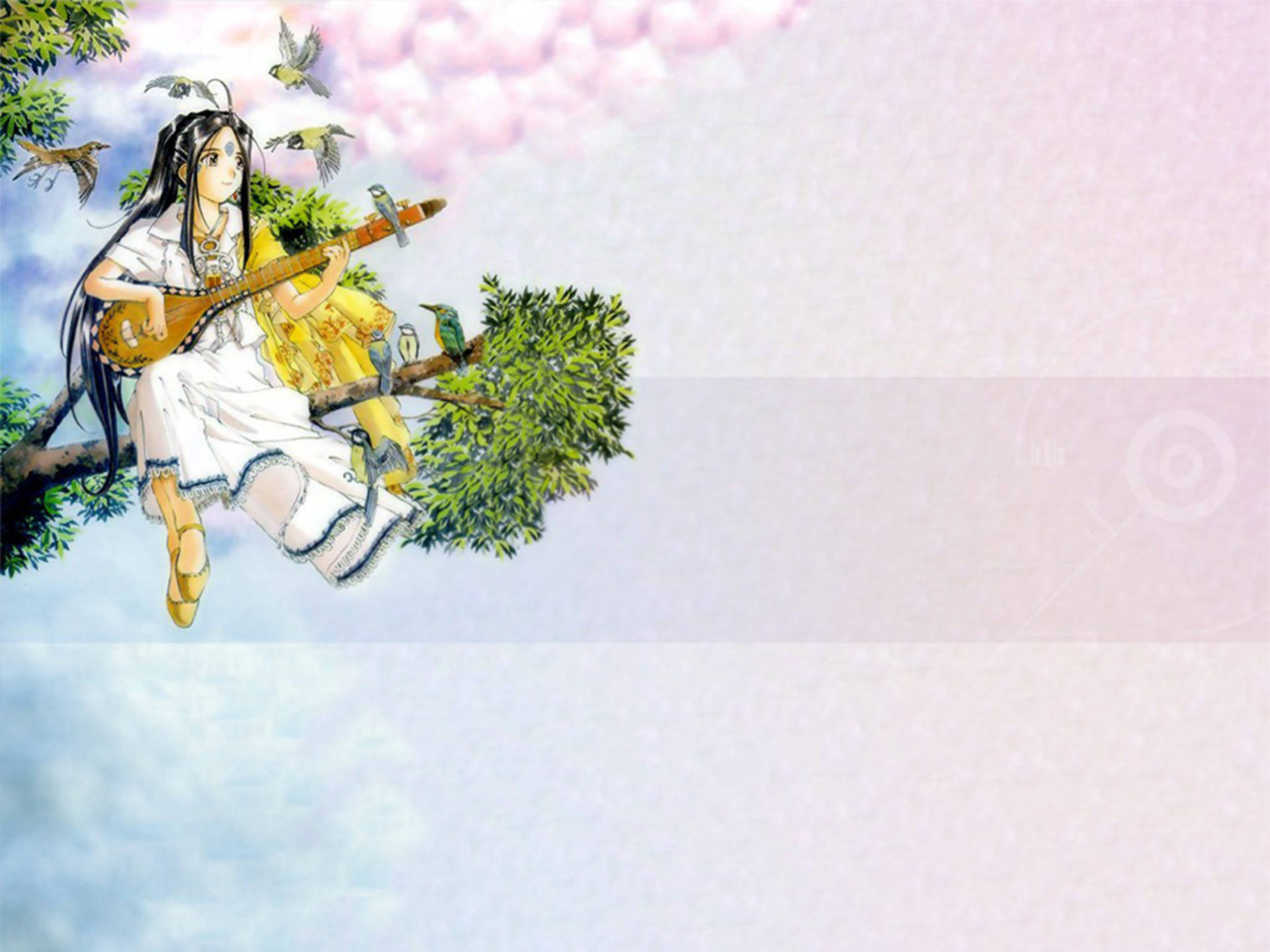 《我的女神》斯庫爾德彈吉他 壁紙 — 一位身穿白袍的寧靜動漫女孩坐在樹枝上彈奏魯特琴，周圍環繞著鳥兒和粉紅色的雲朵。