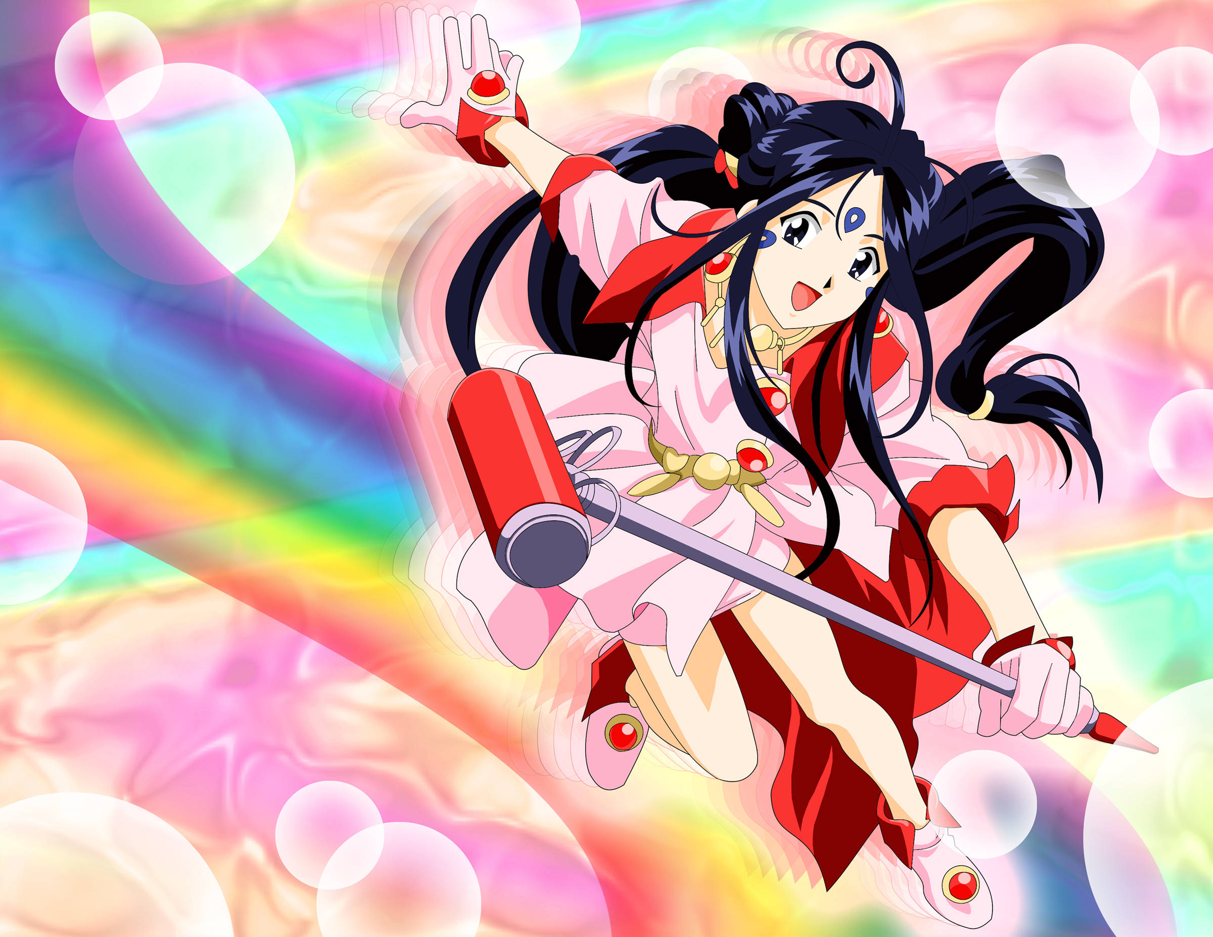 《我的女神》斯庫爾德粉絲藝術 壁紙 — 動漫少女身穿紅白服裝，在鮮豔的彩虹和漂浮的泡泡中揮舞劍。