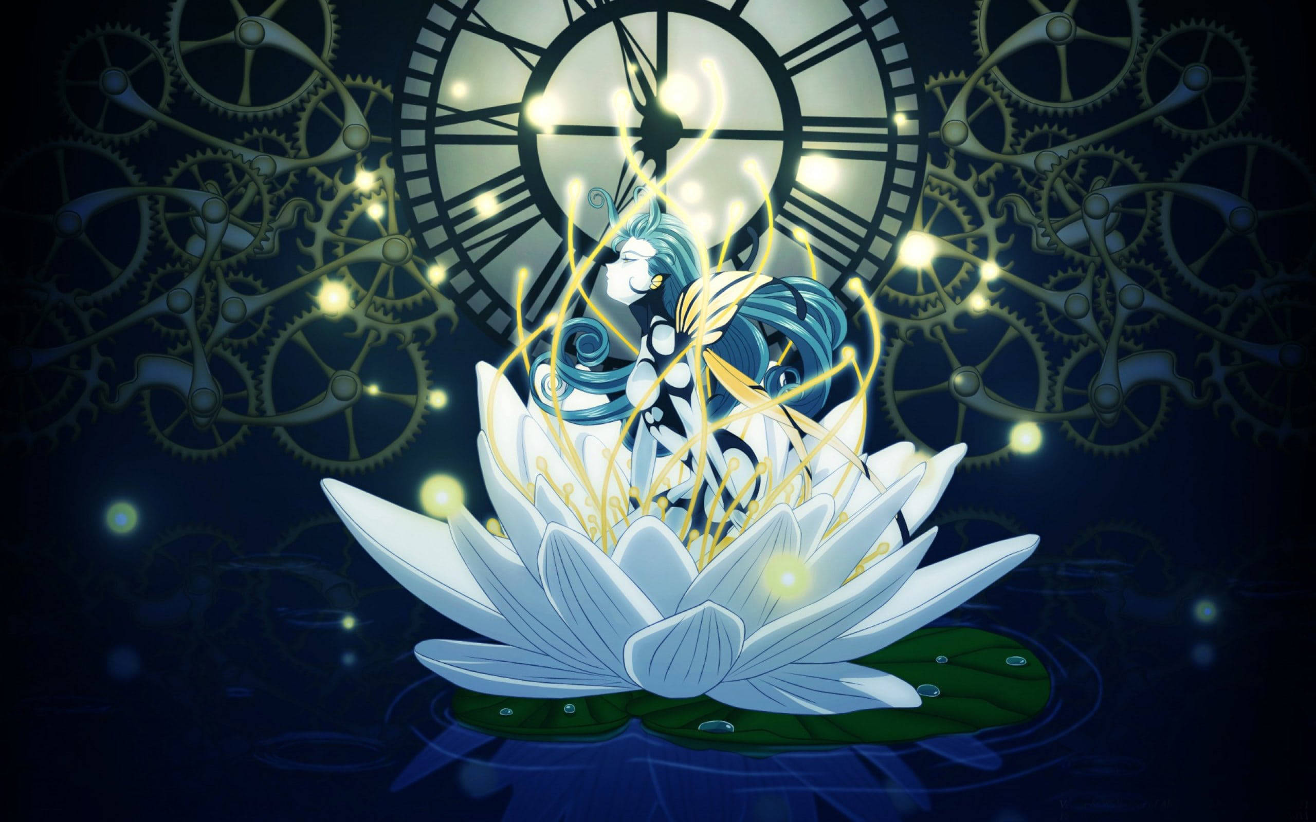 《我的女神》精靈摩根 壁紙 — 一個發光的動漫風格角色，藍色頭髮，坐在黑暗水中的白色蓮花上，周圍環繞著漂浮的齒輪和一個大鐘面。