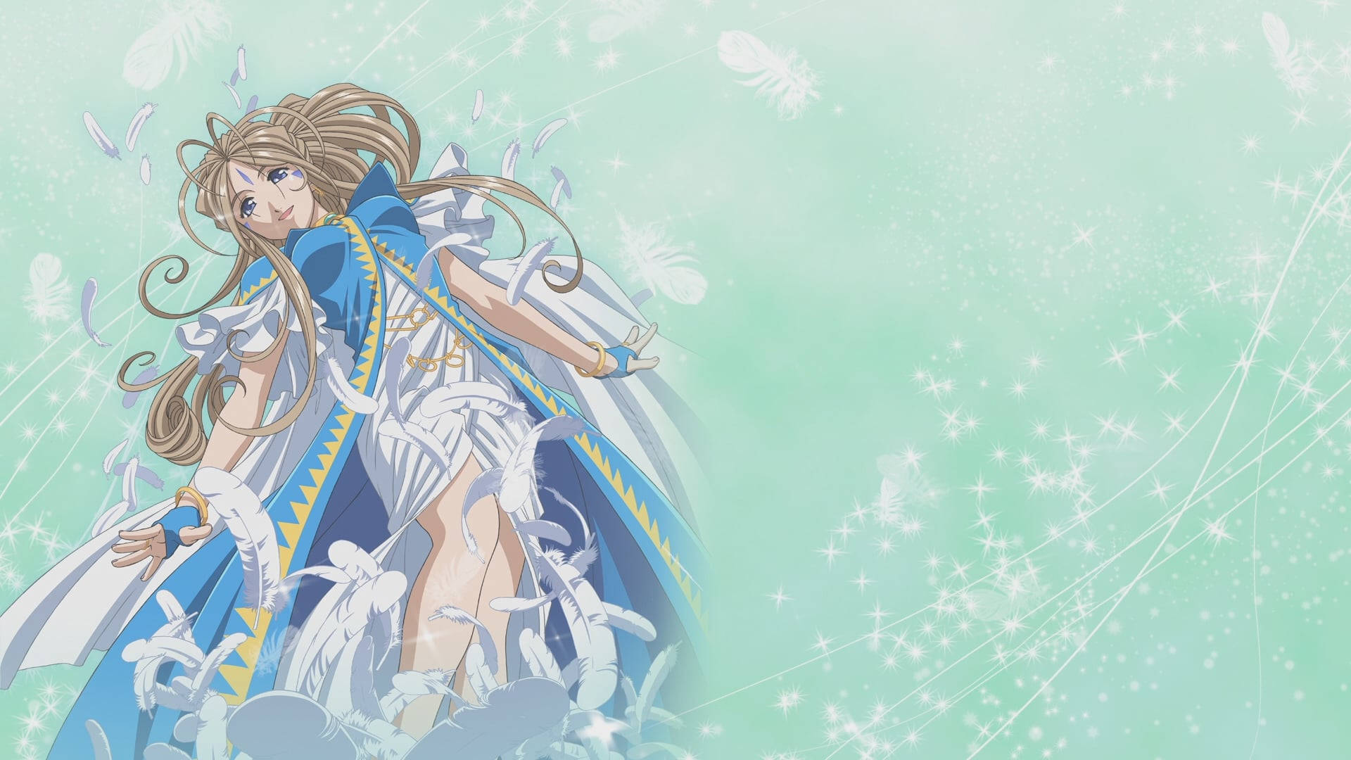 身穿藍白長裙的動漫少女，與飄浮的羽毛和閃爍的光芒共舞。