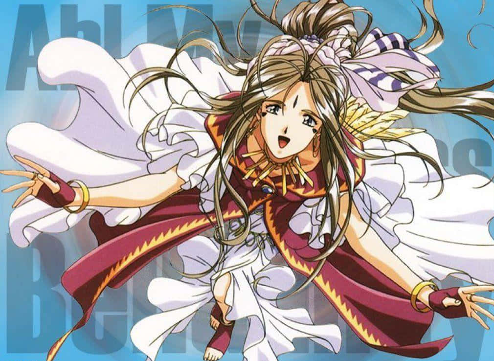 《我的女神》：貝露丹蒂、烏爾德與斯庫爾德 壁紙 — 一個動態動漫女孩，飄逸的頭髮，穿著白色和栗色的服裝，在藍色背景上向前跳躍。