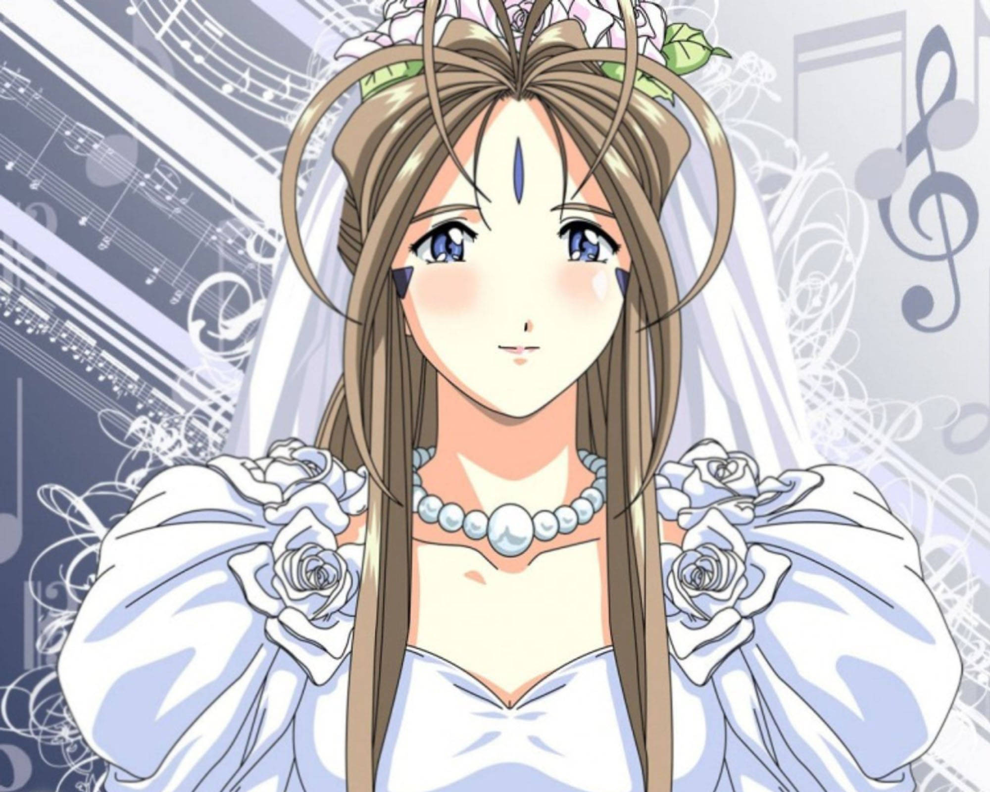 《我的女神》貝露丹迪婚紗造型 壁紙 — 藍眼睛、戴著花卉頭紗的動漫新娘，站在柔和粉彩色的音符和漩渦中。