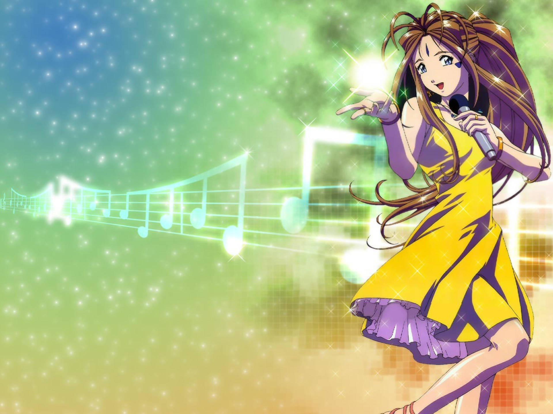 《我的女神》音樂藝術 壁紙 — 一個穿著黃色連衣裙的充滿活力的動漫女孩，對著麥克風唱歌，發光的音符在她周圍旋轉，背景是閃爍的漸變天空。