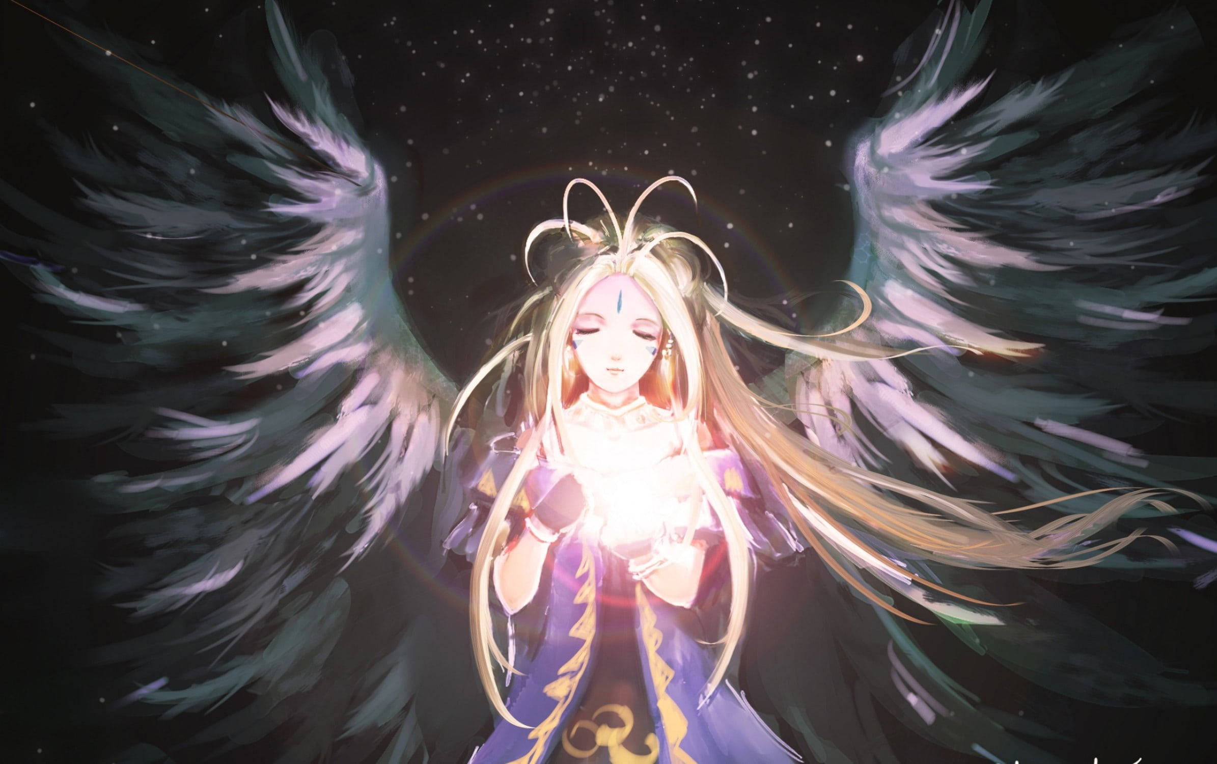 《我的女神》魔法藝術 壁紙 — 一位寧靜的動漫天使，擁有發光的翅膀和長髮，在繁星點點的夜空中手持一顆發光的球體。