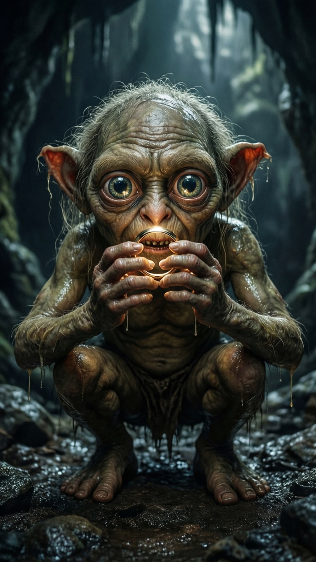 我的寶貝 壁紙 — 一個怪誕的地精蹲在黑暗的洞穴中，緊握著一枚發光的戒指，雙眼因恐懼而睜大。