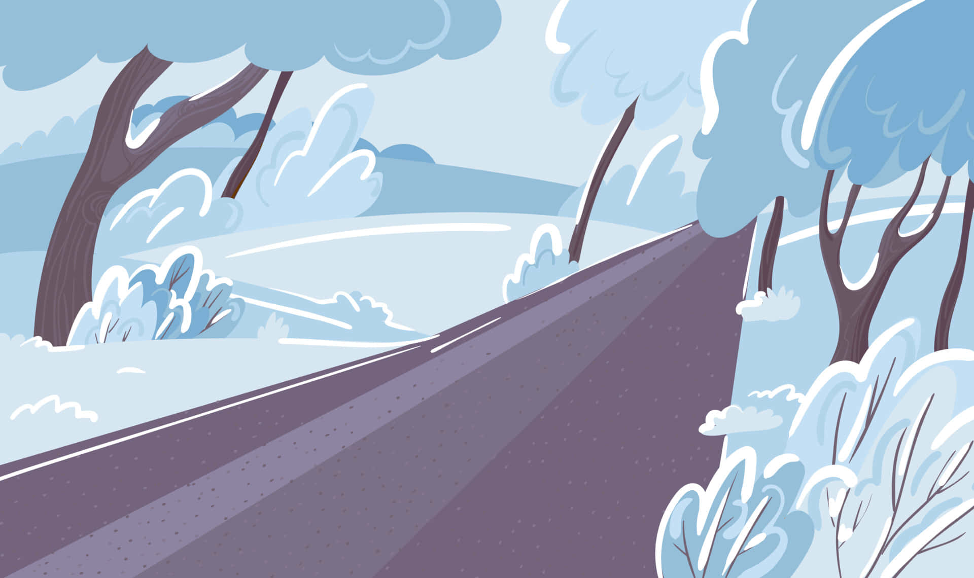 蜿蜒道路穿過雪林，光禿樹木與藍天。