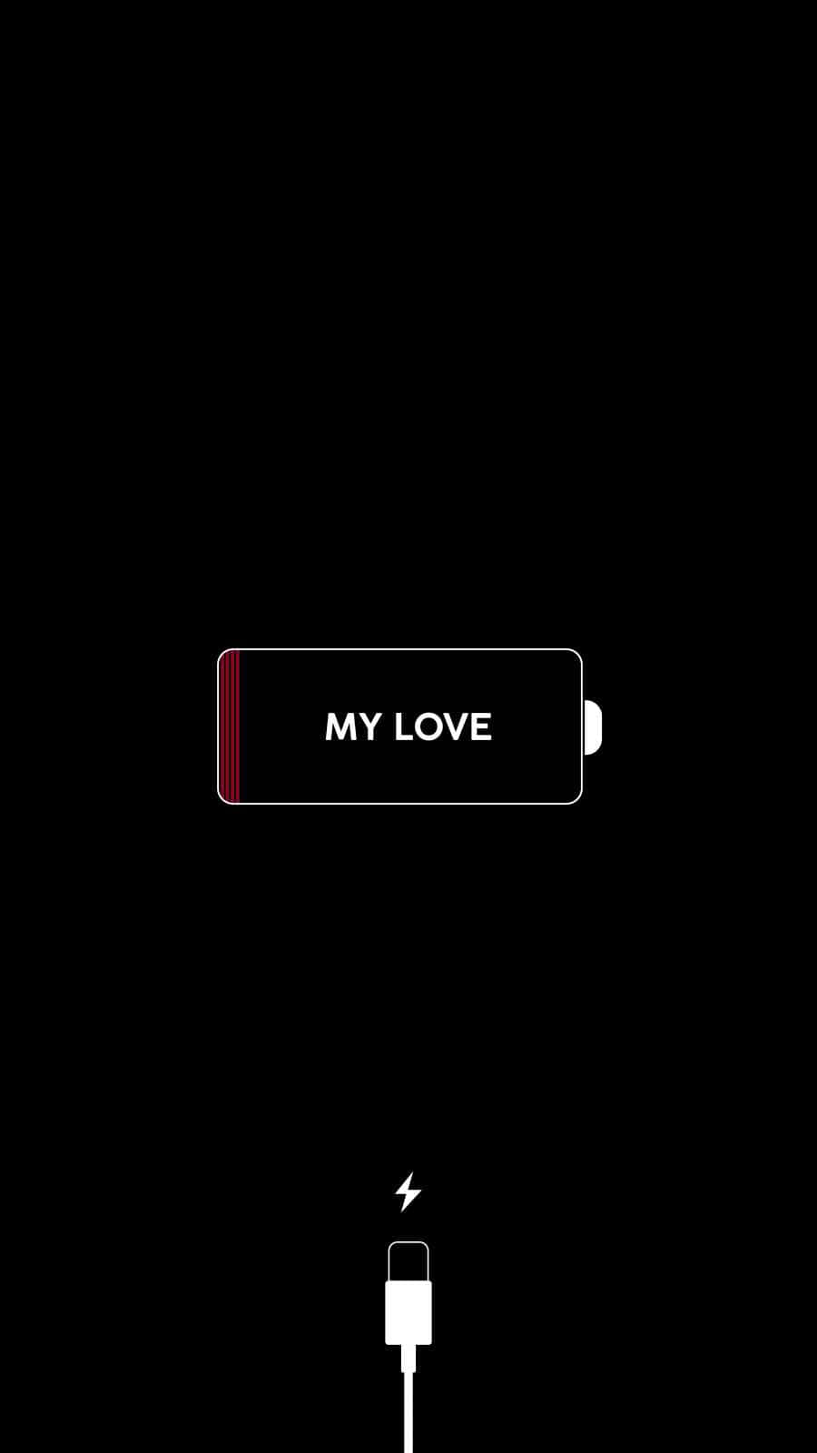 一個標有「MY LOVE」的電池圖標在黑色背景上被電纜充電。