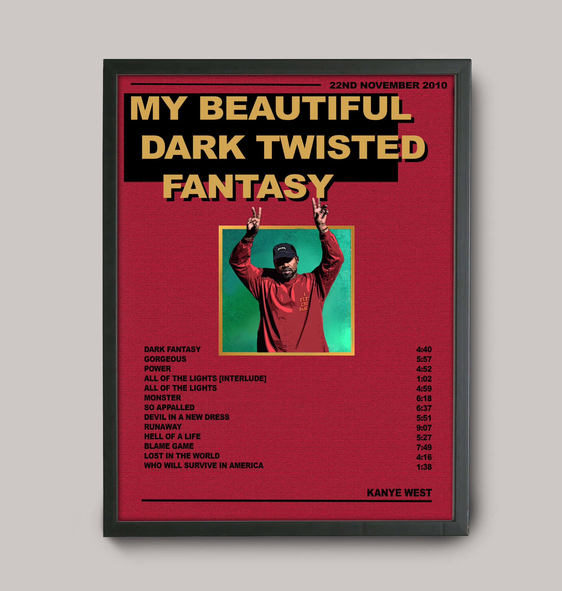 Kanye West《My Beautiful Dark Twisted Fantasy》的裱框專輯海報，附有曲目列表和藝人照片。