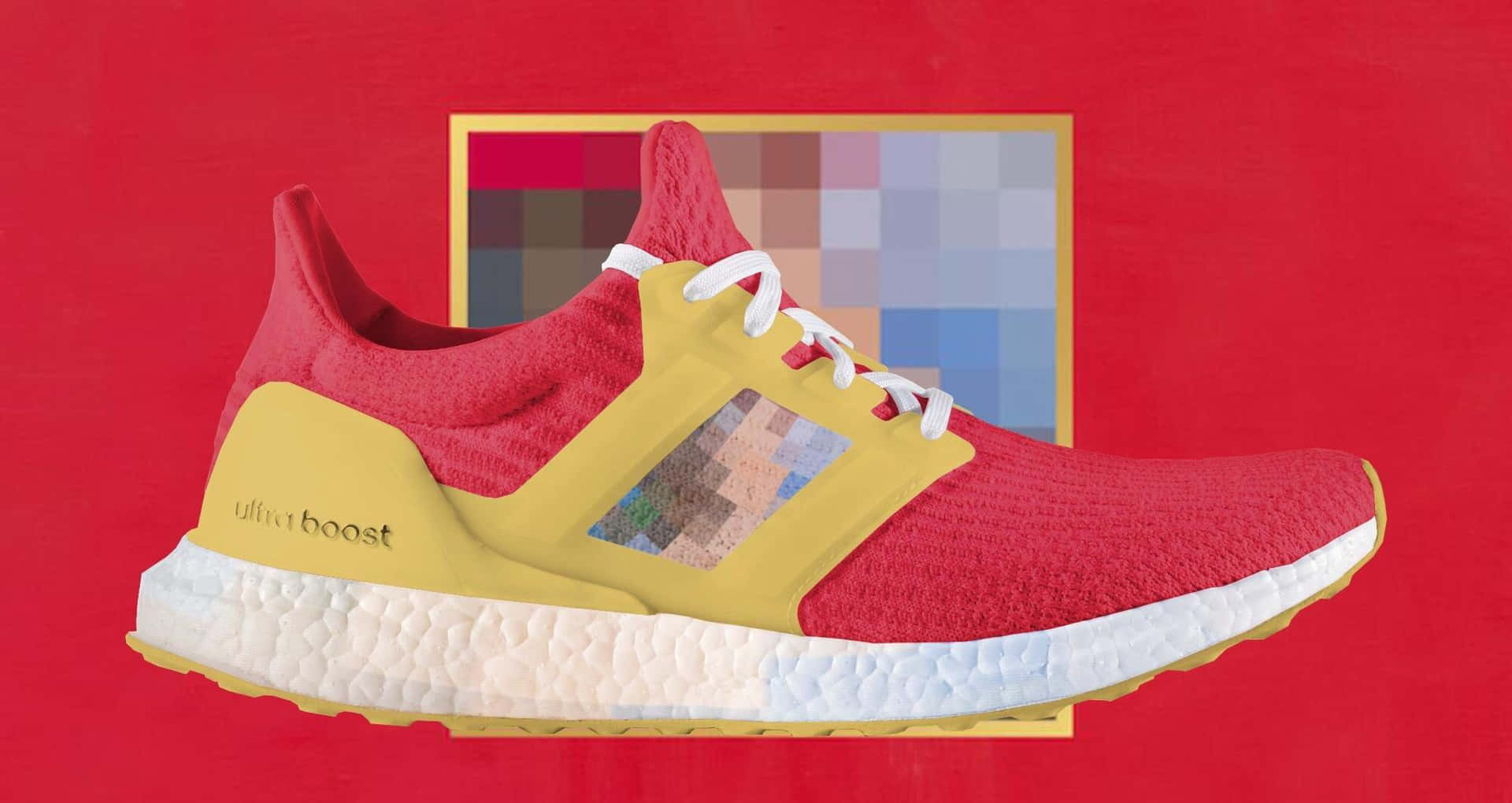 紅黃色 adidas ultraboost 運動鞋，帶像素藝術細節。