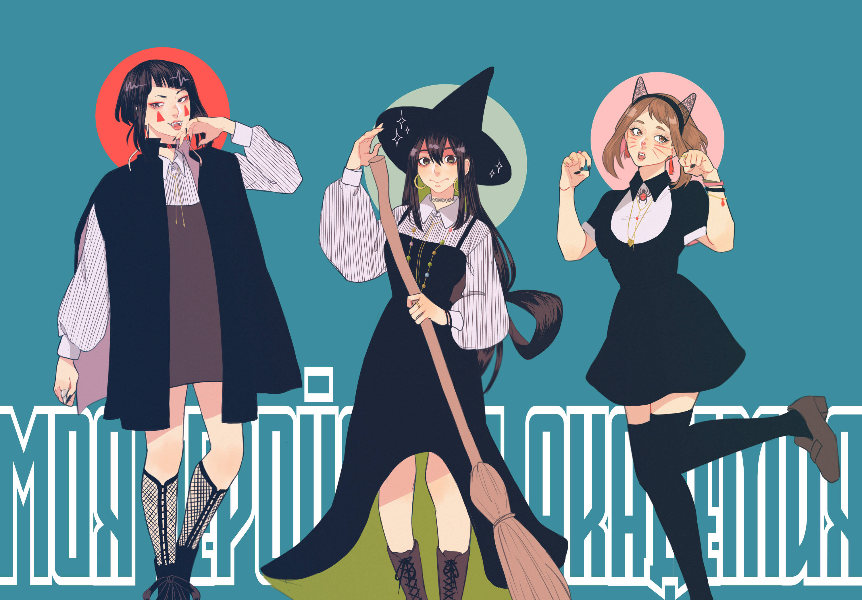 《我的英雄學院》4K 女生角色 壁紙 — 三位動漫風格的女巫穿著校服，在青綠色背景和圓形背景前自信地擺姿勢。