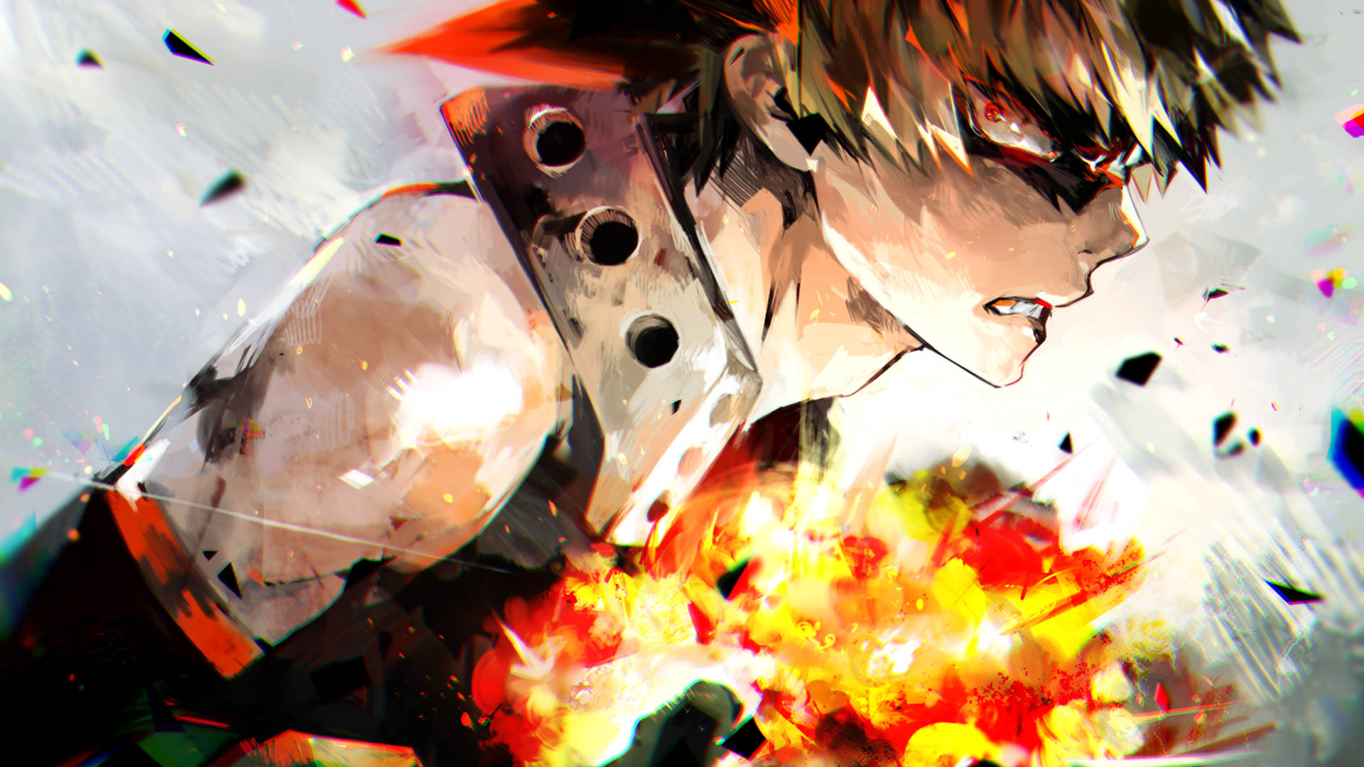 《我的英雄學院》4K 爆豪勝己炸藥 壁紙 — 一個充滿動感的動漫角色，擁有尖刺頭髮和護目鏡，在高能量動作場景中釋放出熾熱的爆炸。