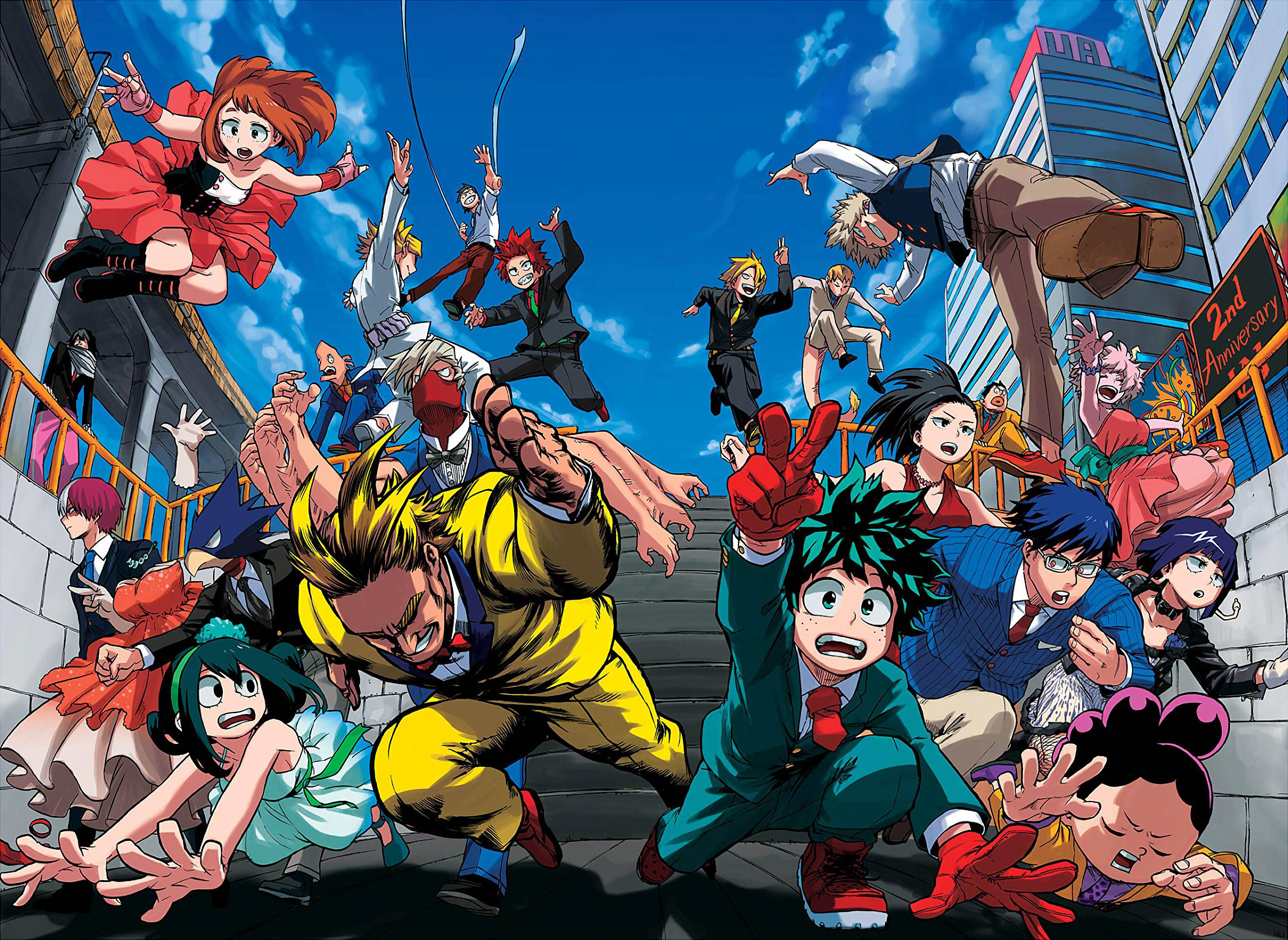 《我的英雄學院》4K 角色群像 壁紙 — 動感十足的動漫角色在明亮的藍天和城市背景下充滿活力地跳躍和擺姿勢。