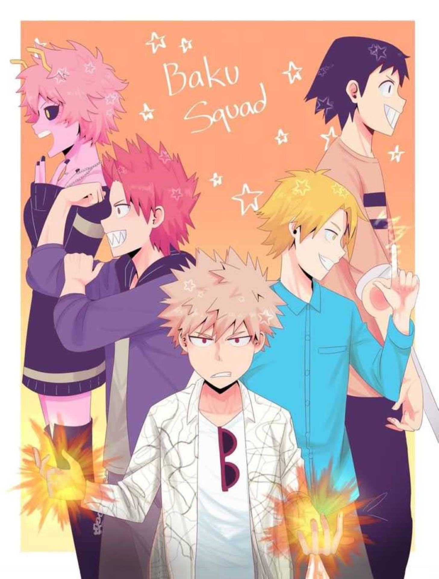 動漫團隊「Baku Squad」，在橙色背景上，雙手發光，帶有星星點綴。