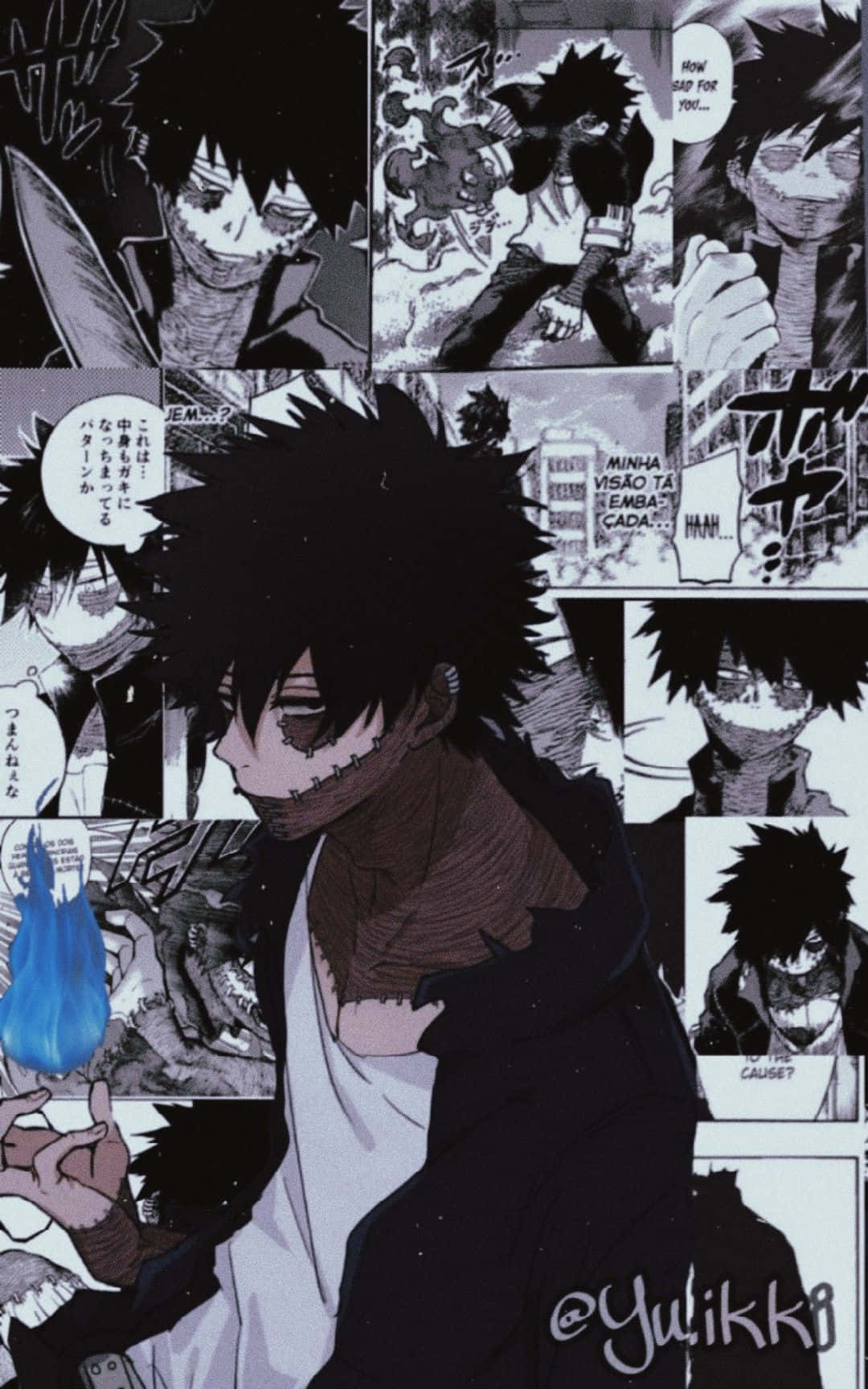 《我的英雄學院》Dabi美學漫畫 壁紙 — 以一個縫合眼睛、刺蝟頭髮的動漫角色手持藍色火焰為中心的漫畫面板拼貼畫。