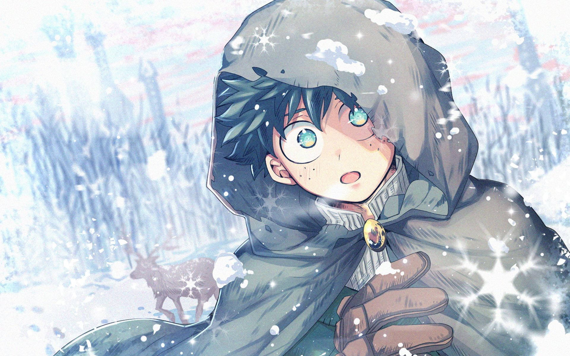 《我的英雄學院》Deku 冬季頭像 壁紙 — 一個穿著連帽外套的驚訝動漫男孩站在雪地森林中，背景有一隻鹿。