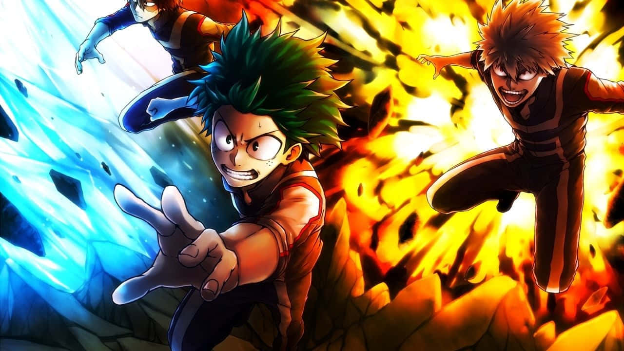 《我的英雄學院》Deku 與 Bakugou 展現超能力 壁紙 — 三位動畫英雄在動態戰鬥場景中釋放出爆炸性的藍色和熾熱的橙色力量。