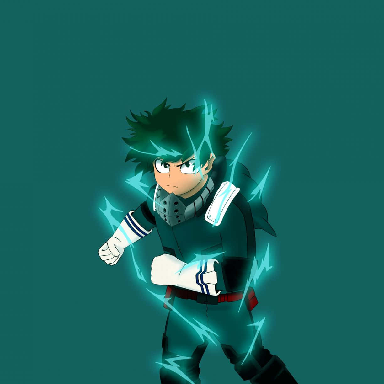 《我的英雄學院》iPad Deku One For All 壁紙 — 一位決心堅定的動漫英雄，擁有尖刺般的綠色頭髮，藍色閃電在他拳頭周圍噼啪作響，背景為青綠色。