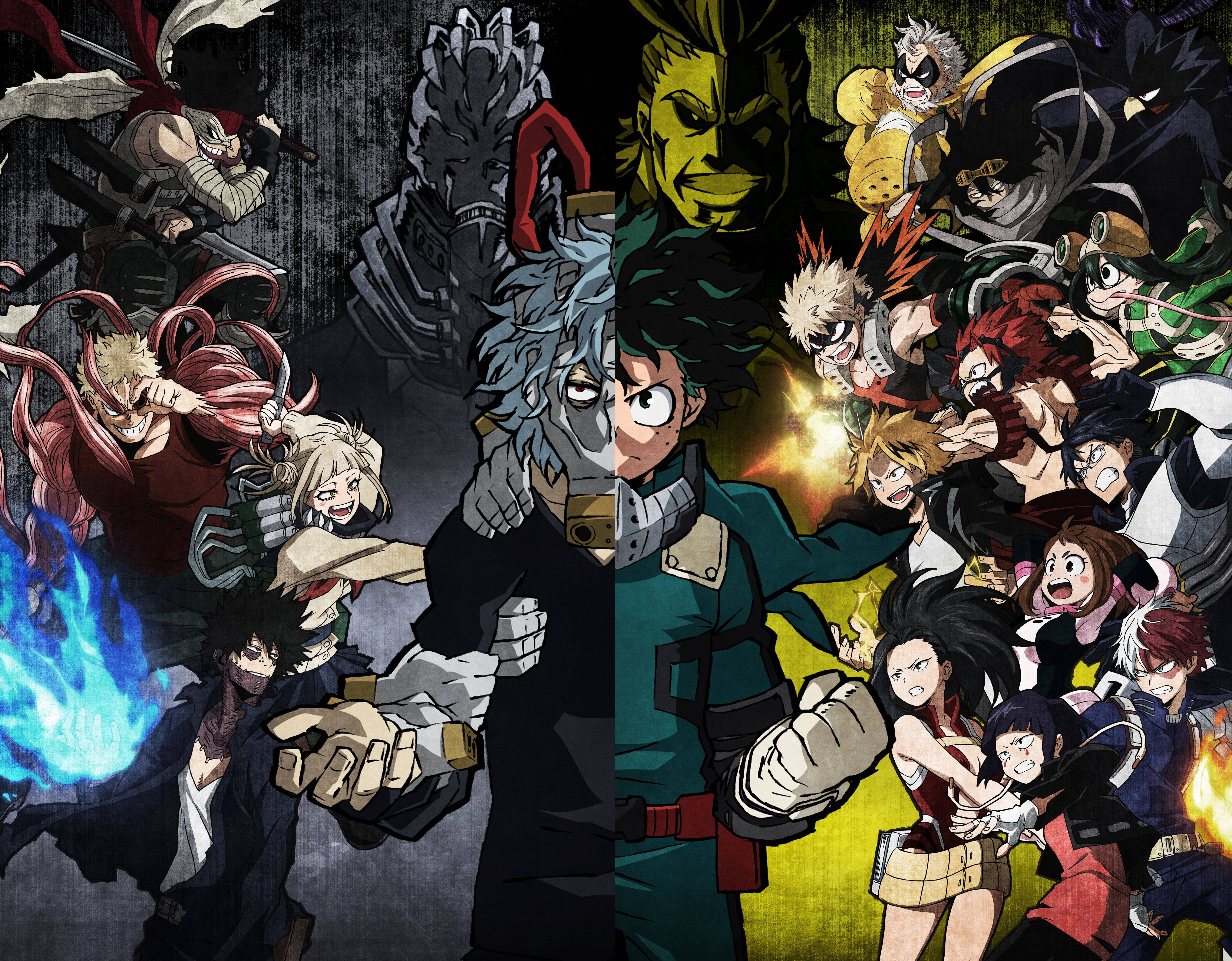 《我的英雄學院》Todoroki 家族 My Hero One's Justice 壁紙 — 動漫角色動態地分為黑暗和明亮兩半，擁有火焰和冰霜力量，擺出戲劇性的姿勢。