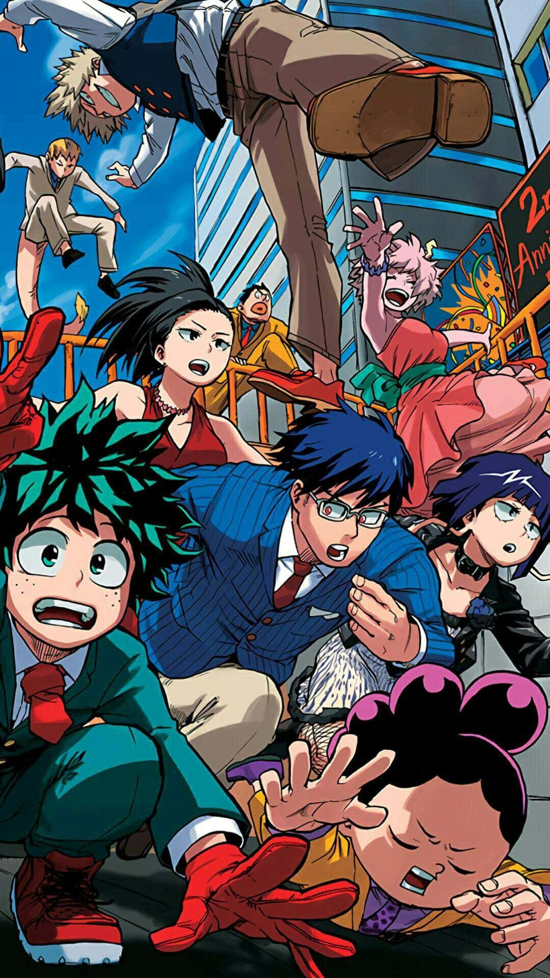 《我的英雄學院》中的 All Might 獨霸敵陣 壁紙 — 動感十足的動漫角色在充滿活力的城市背景下，以粗線條和鮮豔色彩呈現混亂的動作場面。