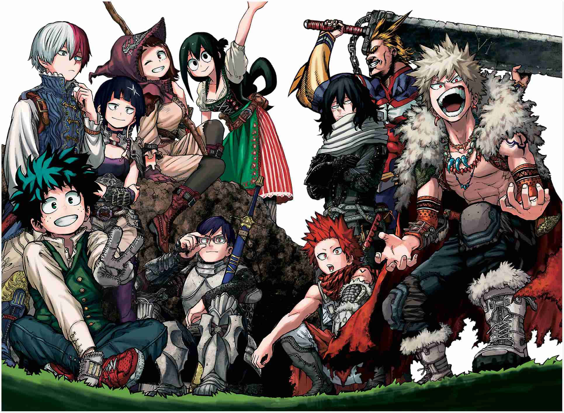《我的英雄學院》中與 All Might 同心的 Class 1-A 壁紙 — 一群充滿活力的動畫英雄，在草地上擺出動態姿勢，表情豐富，服裝精緻。