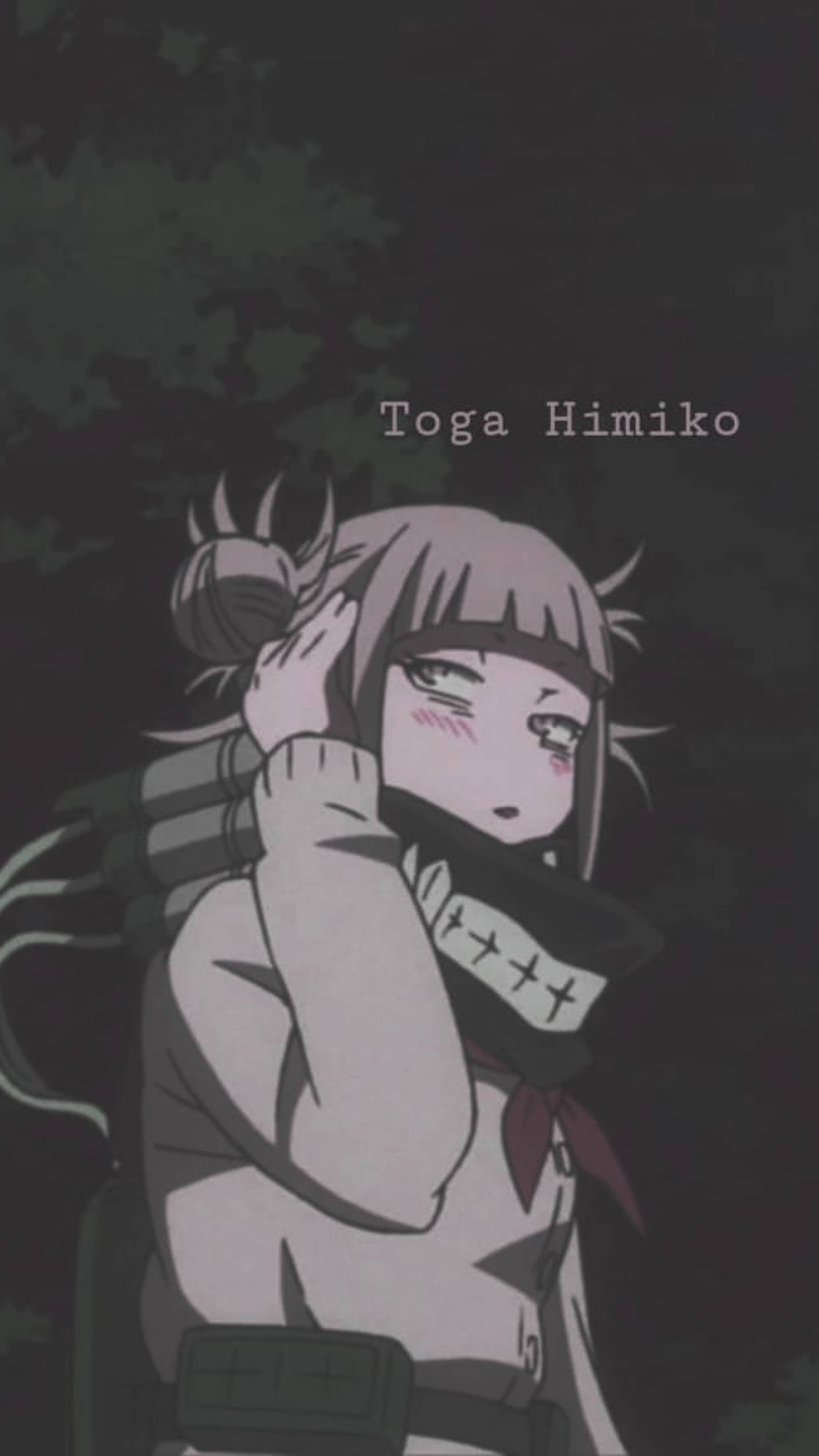 《我的英雄學院》反派角色Himiko Toga 壁紙 — 一個深色調的動漫角色，粉紅色頭髮和縫合面具，站在陰暗的樹葉中，眼睛半閉，處於安靜的時刻。