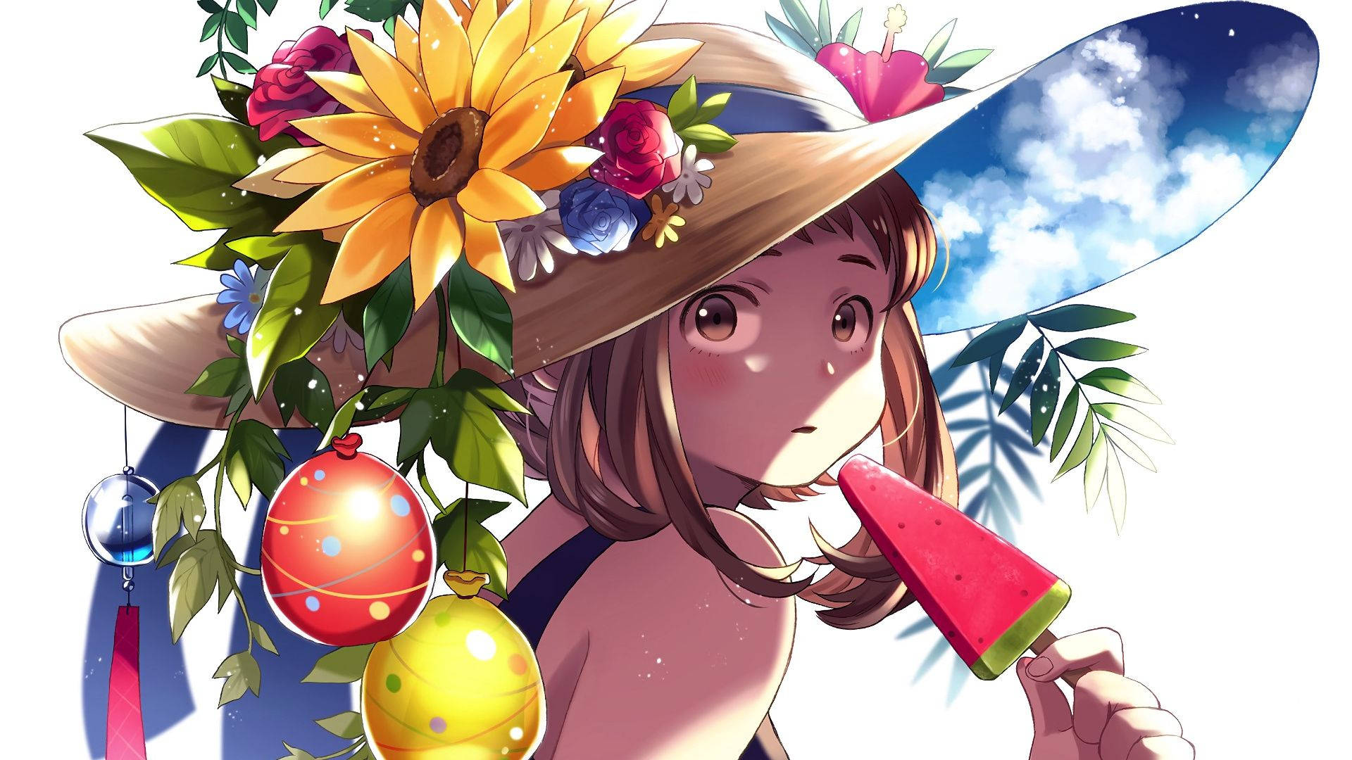 戴花帽的動漫女孩在晴天吃西瓜冰棒