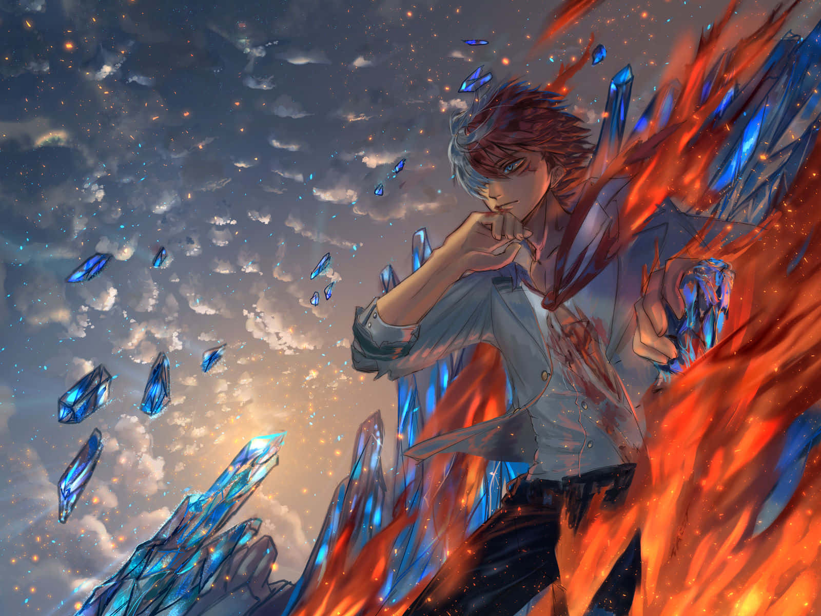 動漫男孩被漂浮的水晶和熾熱的能量包圍，在星空下。
