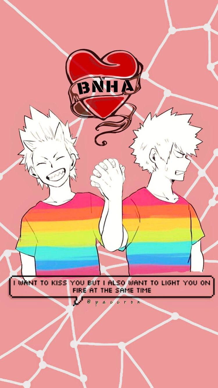 兩個微笑的動漫男孩穿著彩虹襯衫手牽手，上方有一顆心。