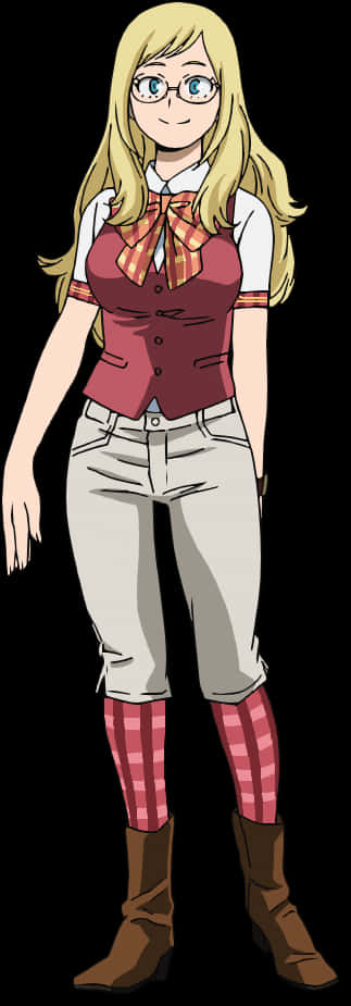 《我的英雄學院》梅莉莎·希爾德角色 壁紙 — 一個開心的動漫女孩，金髮戴眼鏡，穿著紅色背心、白色襯衫、格子蝴蝶結和棕色靴子，背景為黑色。