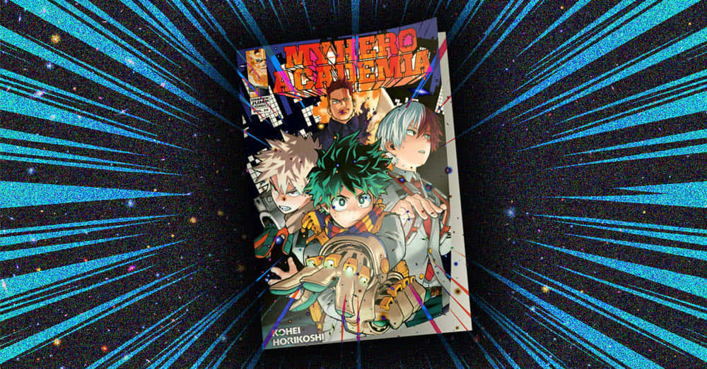 My Hero Academia – Where Heroes Rise Up 壁紙 — 《我的英雄學院》漫畫封面在帶有藍色光線和星星的宇宙背景上漂浮。