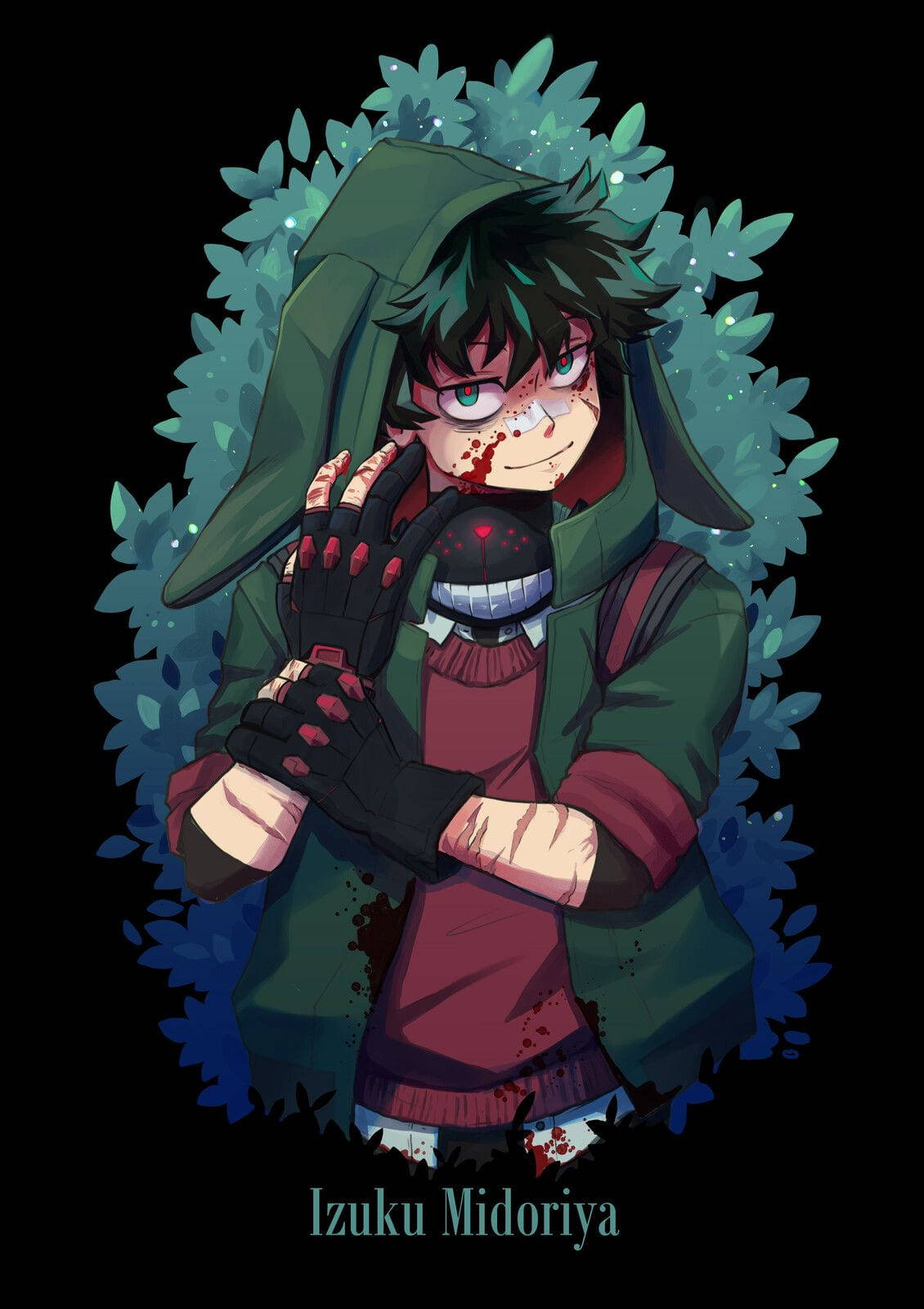 《我的英雄學院》綠色反派 Deku 頭像 壁紙 — 一個血跡斑斑的動漫男孩穿著綠色連帽外套，在黑暗的樹葉背景下抱著一個戴面具的人物。