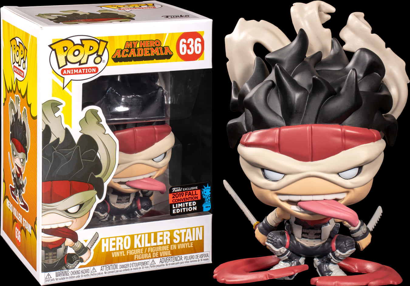 《我的英雄學院》英雄殺手·史坦 Funko Pop 壁紙 — 來自《我的英雄學院》的英雄殺手斯坦因 Funko Pop! 乙烯基公仔，擁有尖刺的黑白頭髮和紅色頭帶，手持兩把劍。